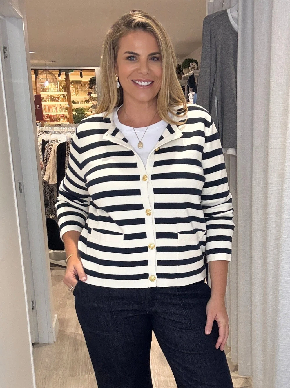 Cape Town Stripe Print Cardigan - Navy/Ivory
