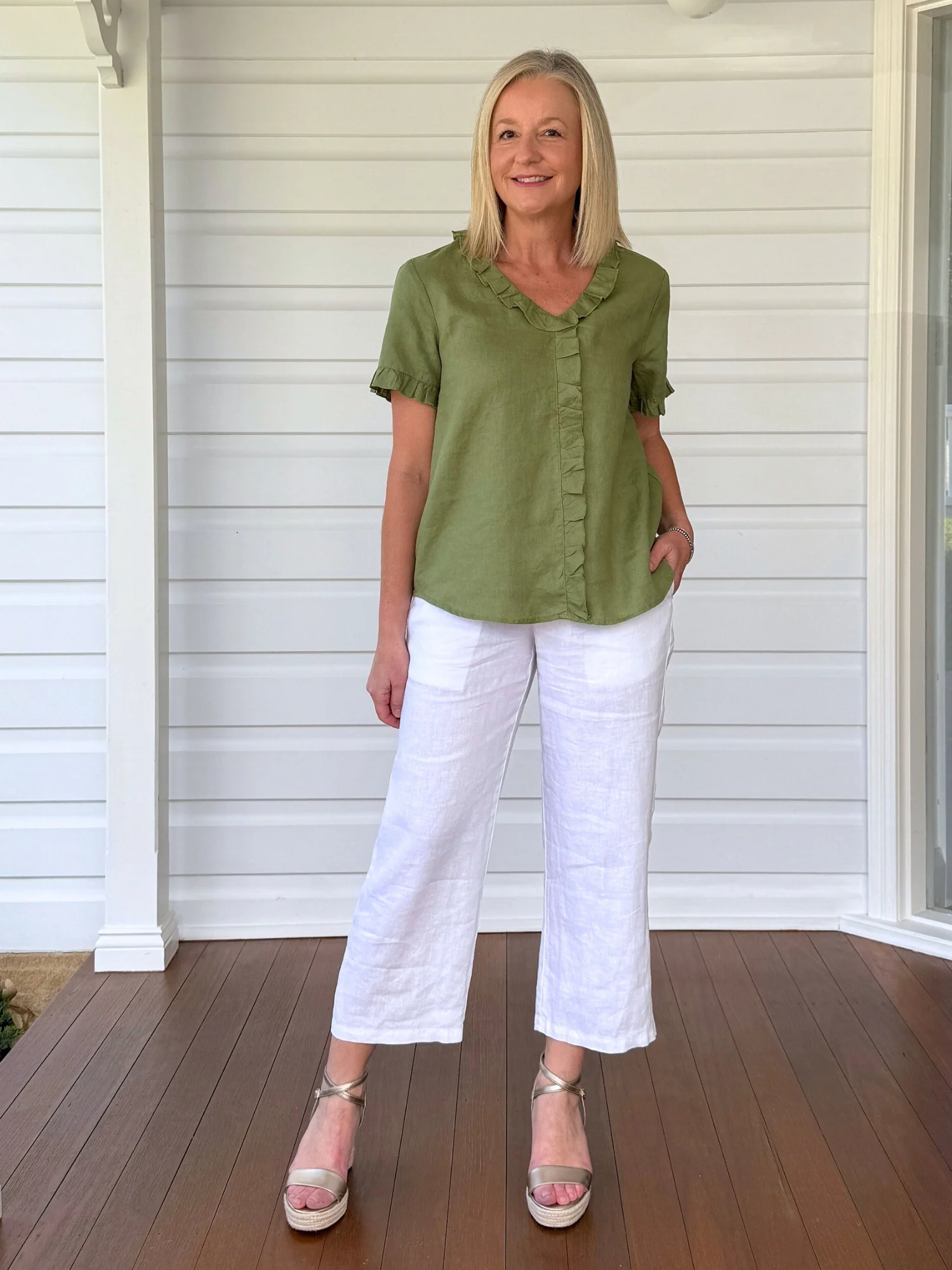 Tiffany Ruffle Linen Top - Basil