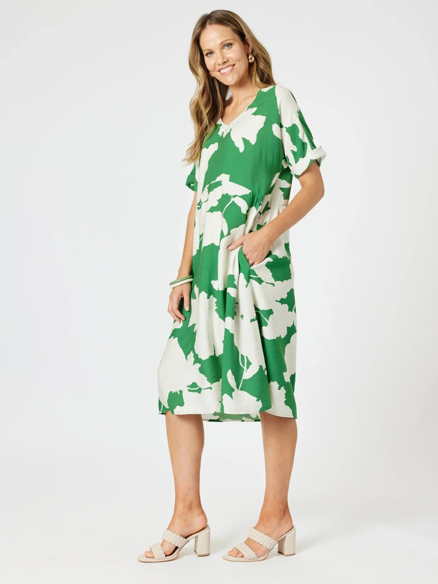 Barcelona V Neck Floral Print Dress - Elm Natural