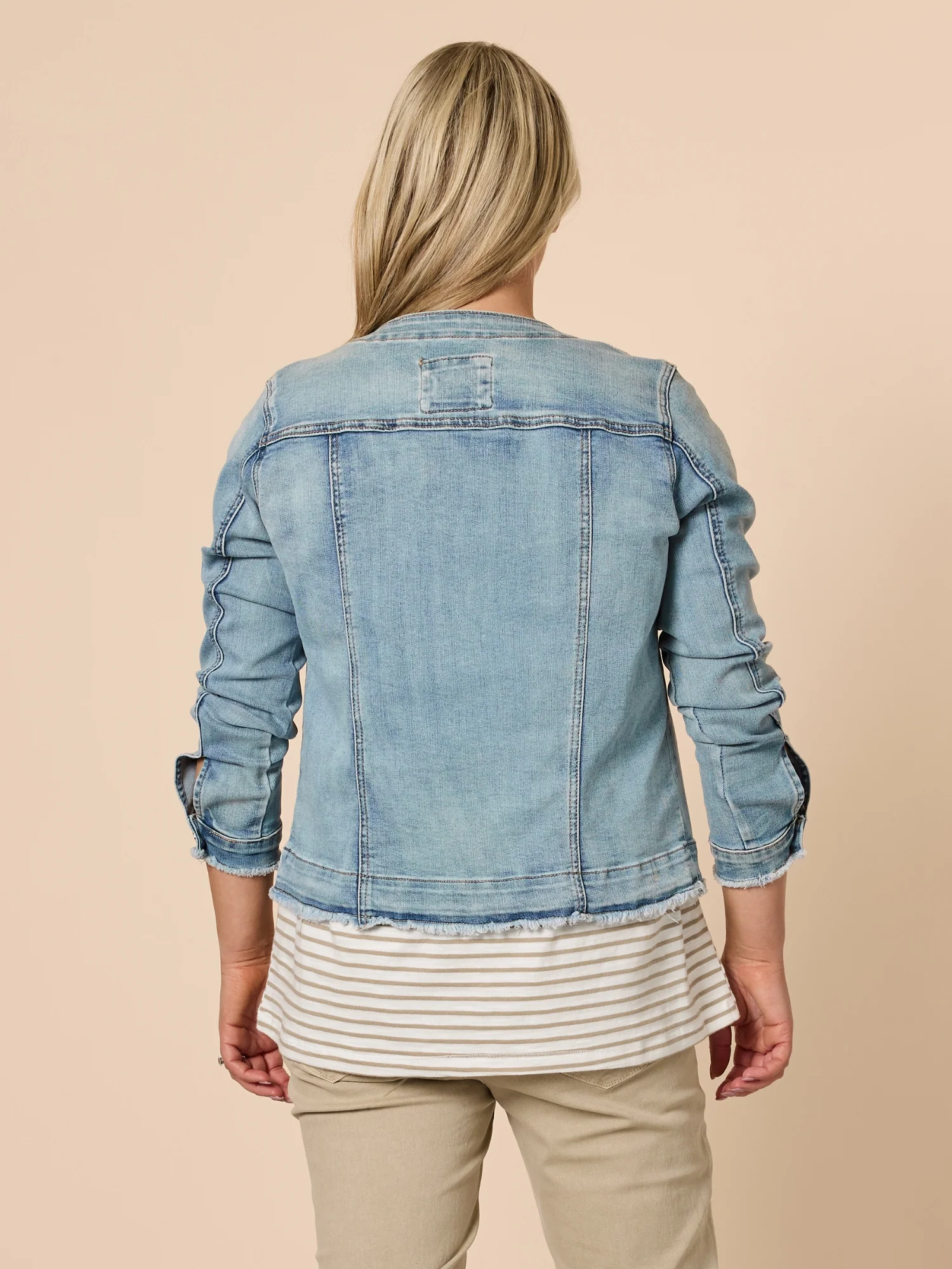 Collarless Denim Jacket - Denim