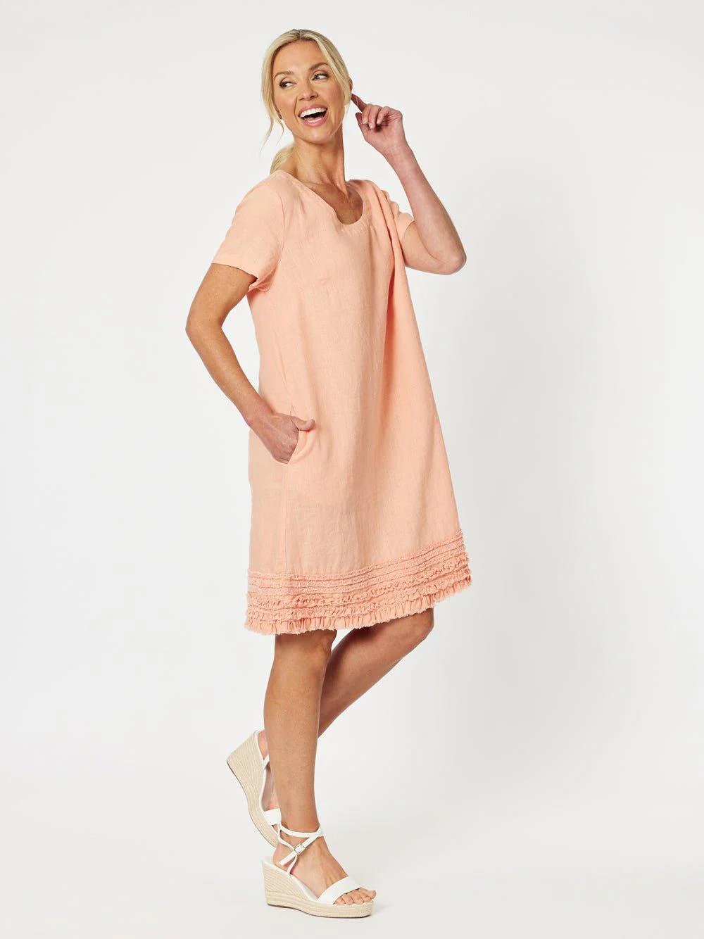 Ruffle Hem Linen Dress Scoop Neck - Mandarine