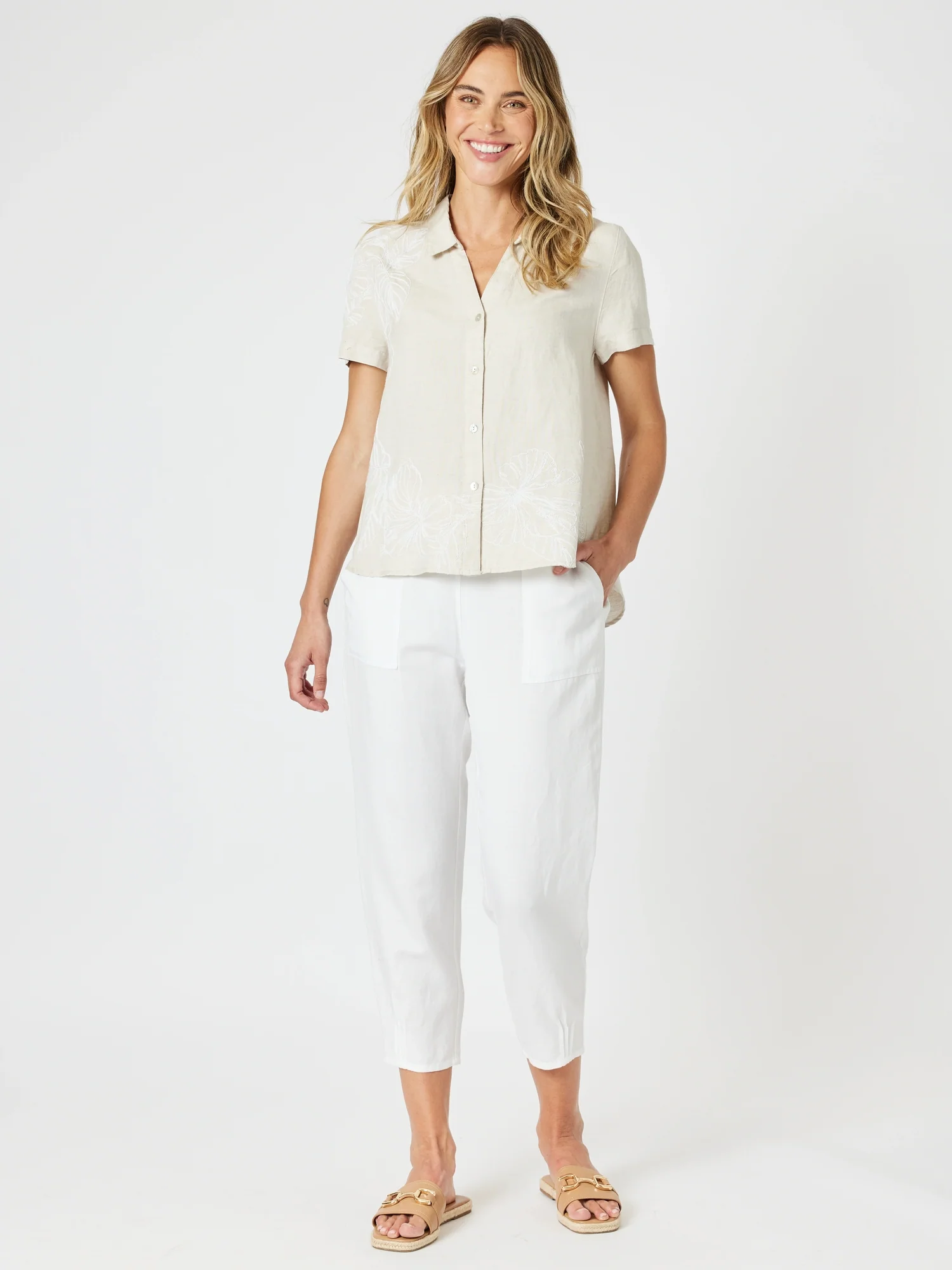 Sarah Linen Pleat Hem Pant - White