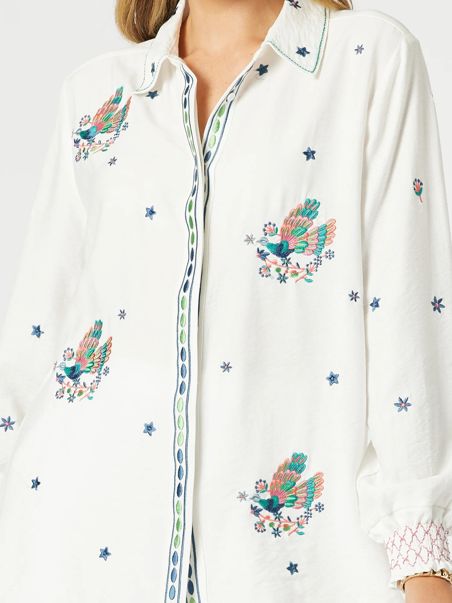 Peacock Embroidered Shirt - White Multi