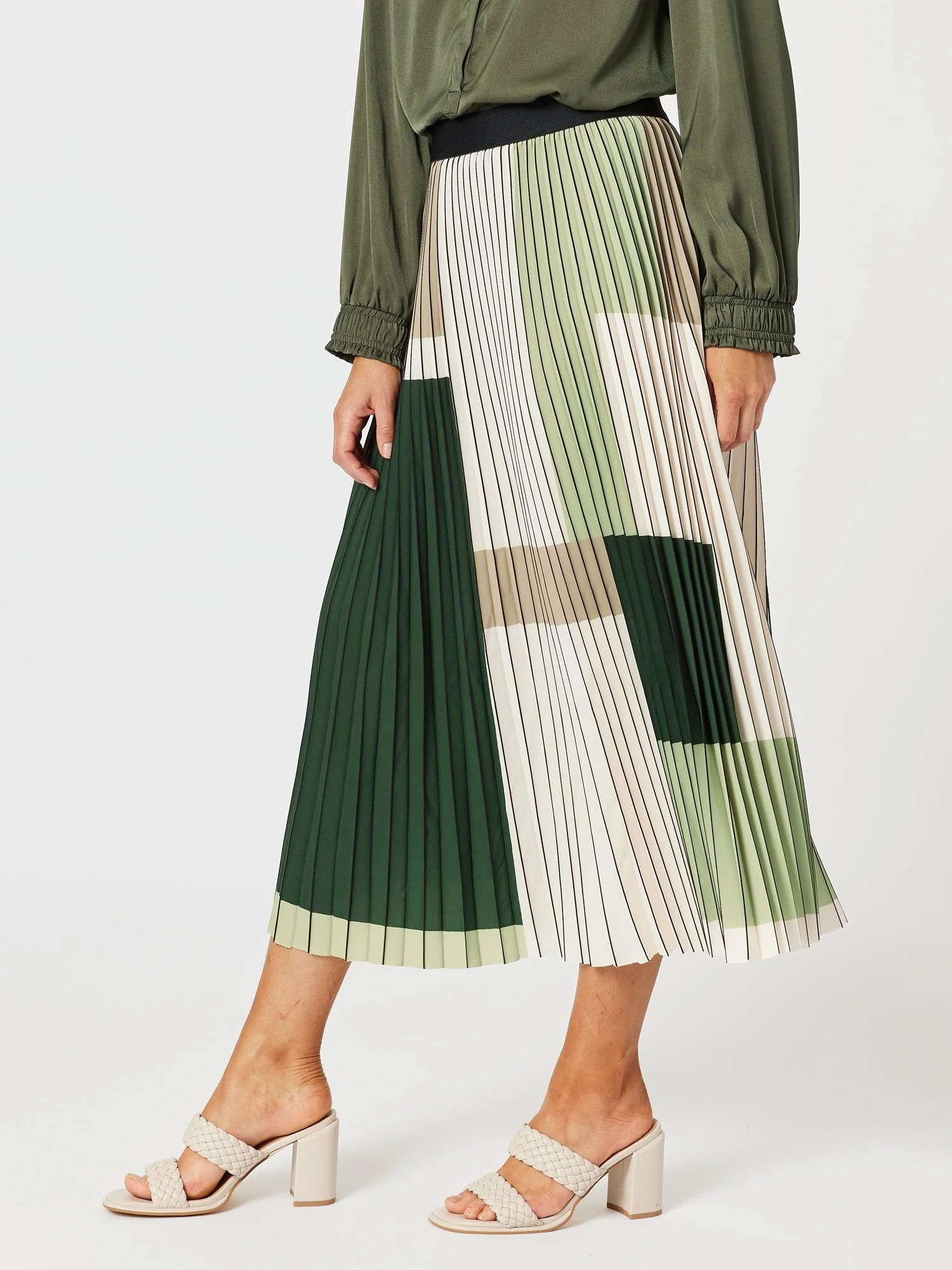 Vienna Print Pleat Skirt - Khaki