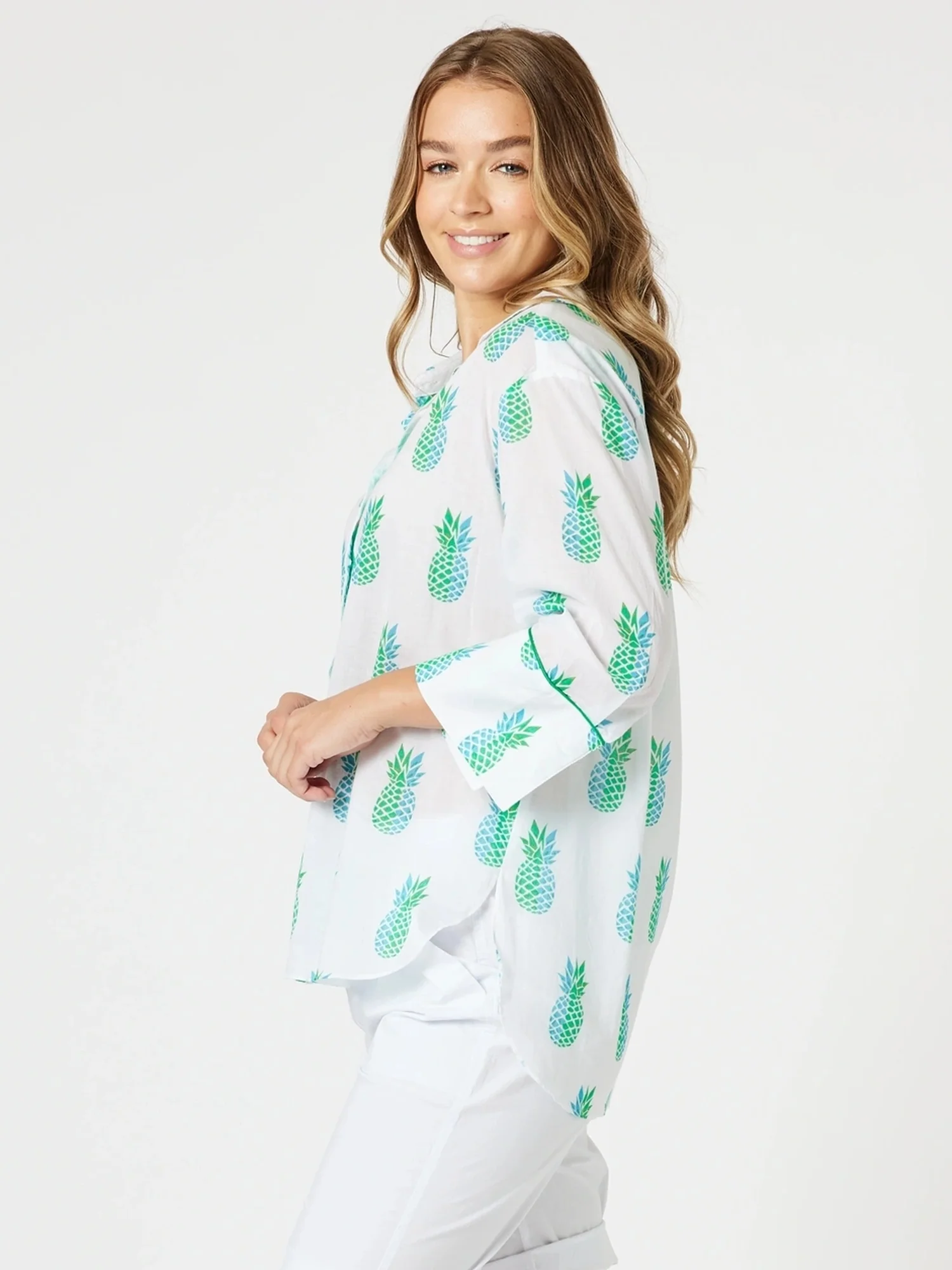 Pineapple Pina Colada Print Sheer Shirt - White Multi