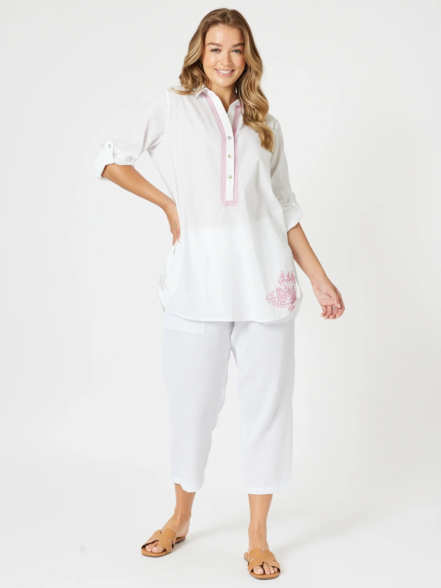 Bella Embroidered Top - White/Pink