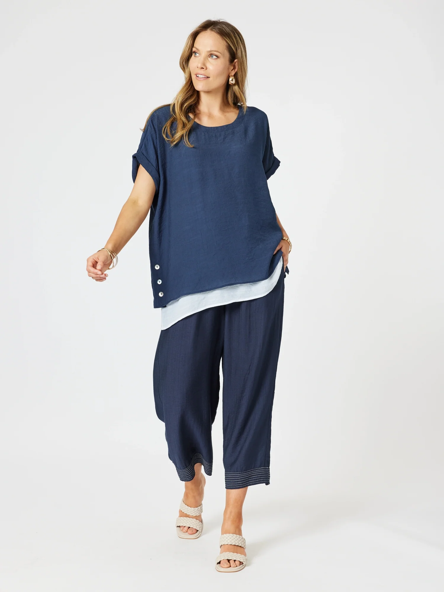 Palma Side Button 2 in 1 Look Top - Navy/White