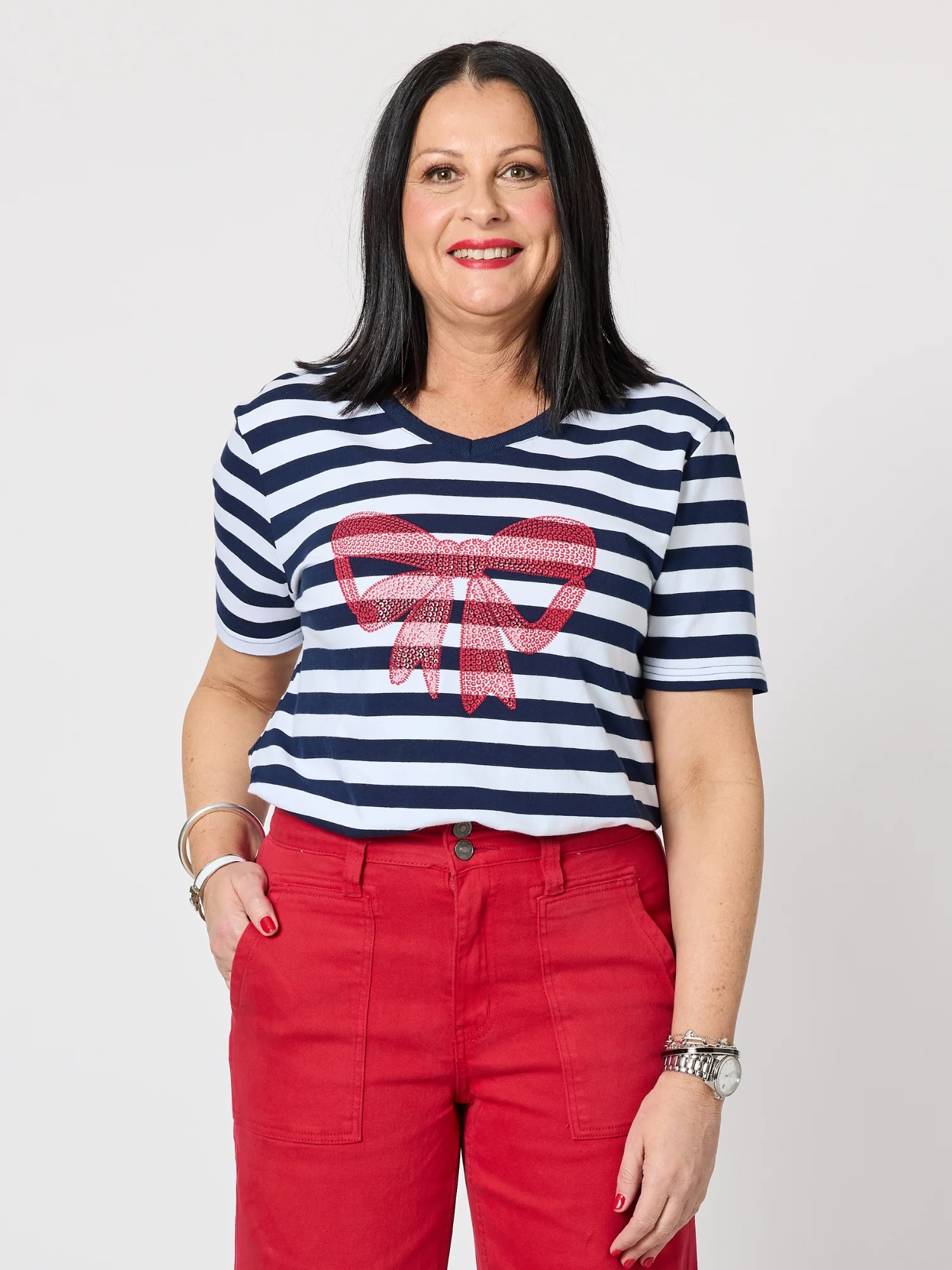 Red Bow Stripe Print Tee - Navy/White