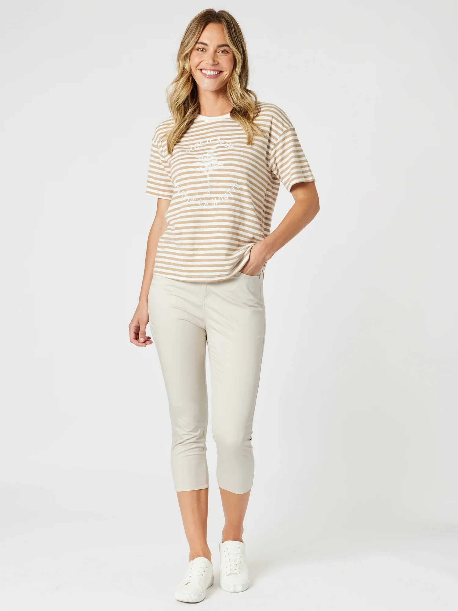 Cote d'Azur Stripe Print Tee - Natural/White