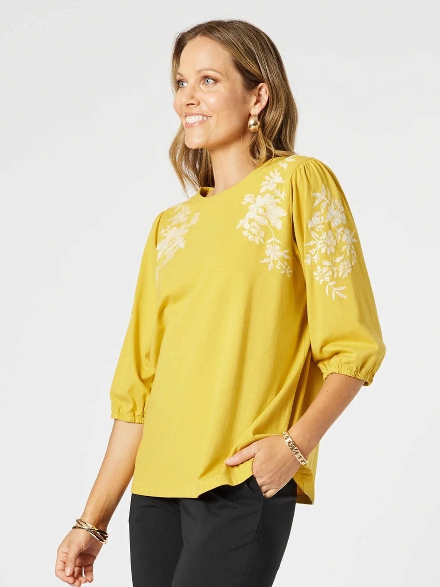 Jill Floral Embroidered Tee - Gold