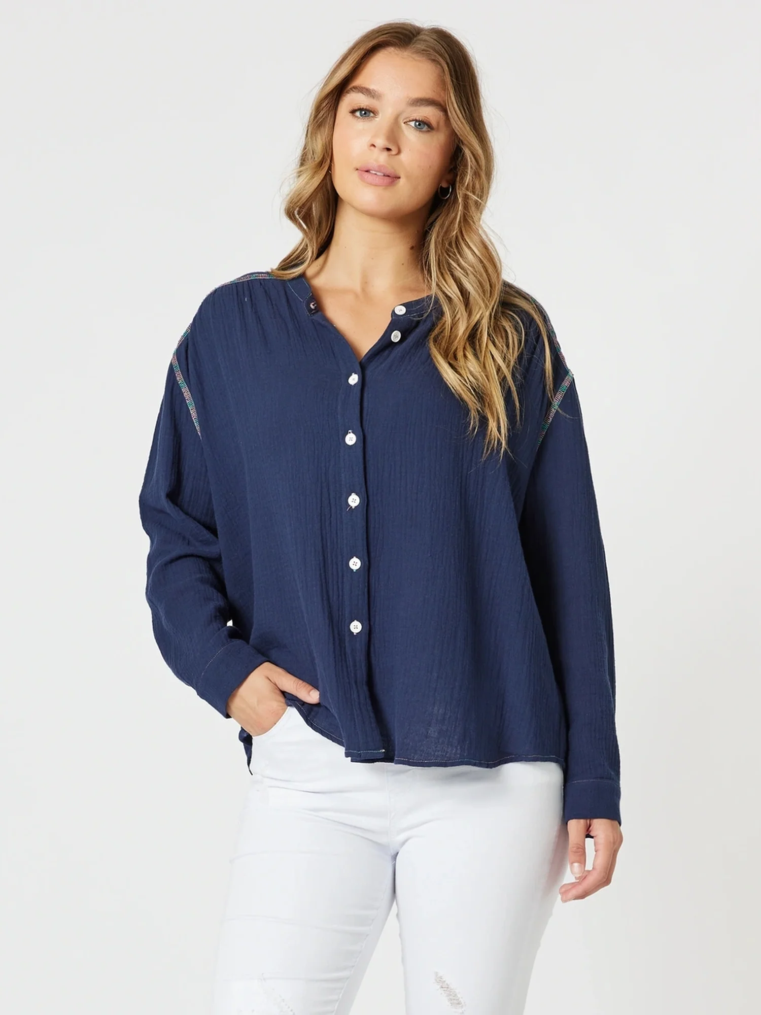 Rainbow Stitch Top - Navy