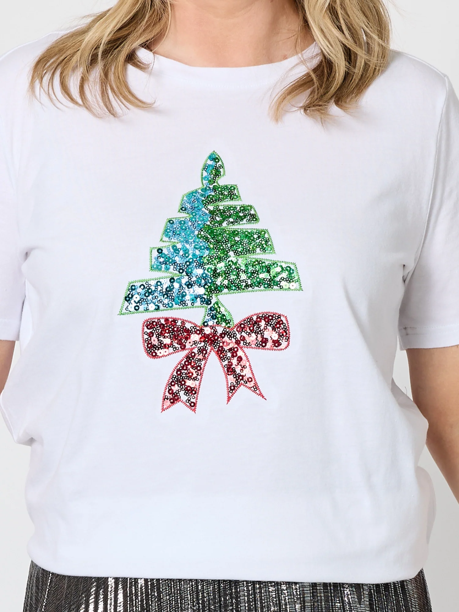 Sequin Xmas Tree Tee - White Multi