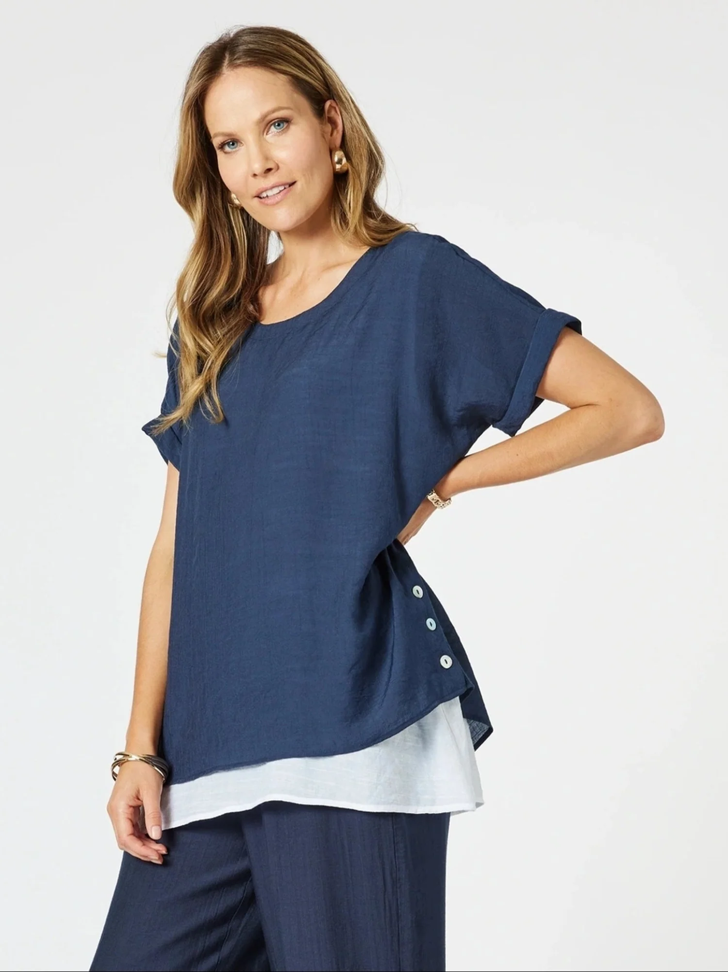 Palma Side Button 2 in 1 Look Top - Navy/White