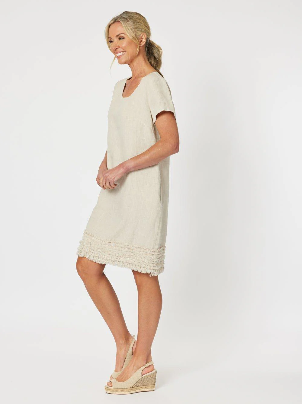 Ruffle Hem Scoop Neck Linen Dress - Natural