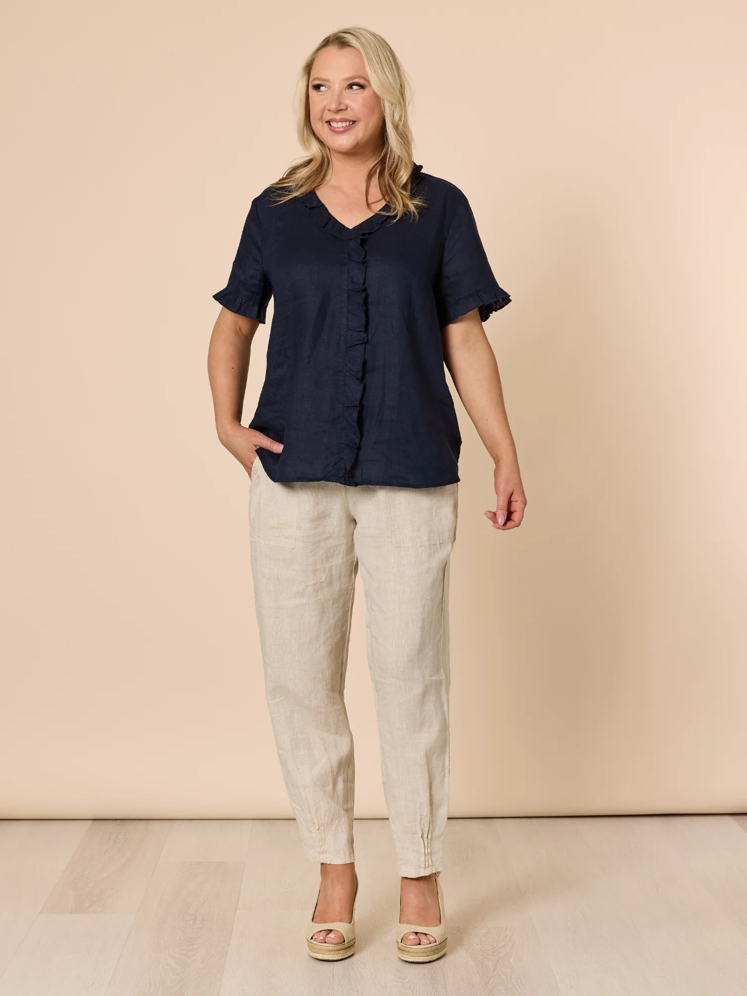 Tiffany Ruffle Linen Top - Navy