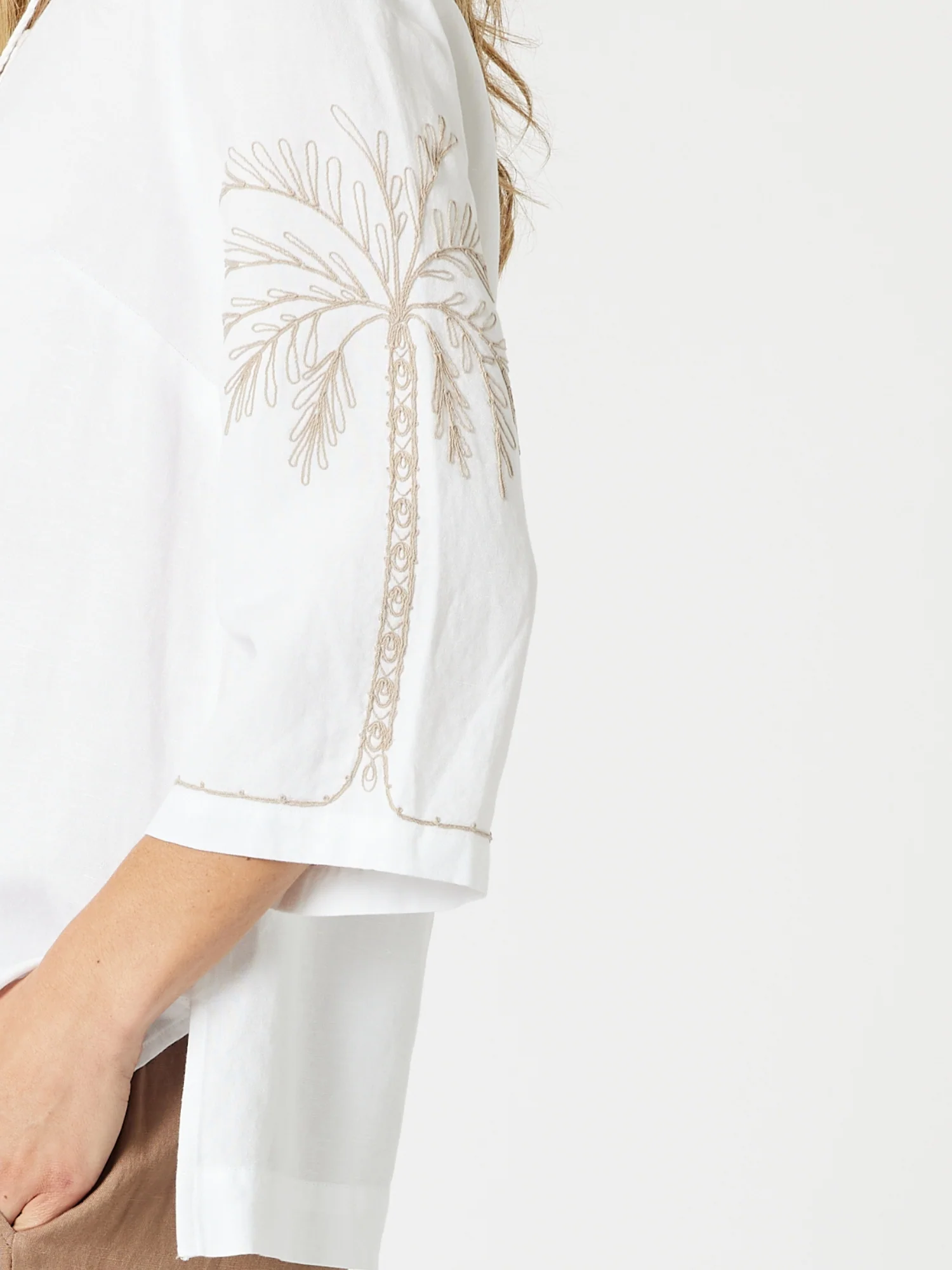 Palm Embroidery Lino Top - White/Natural