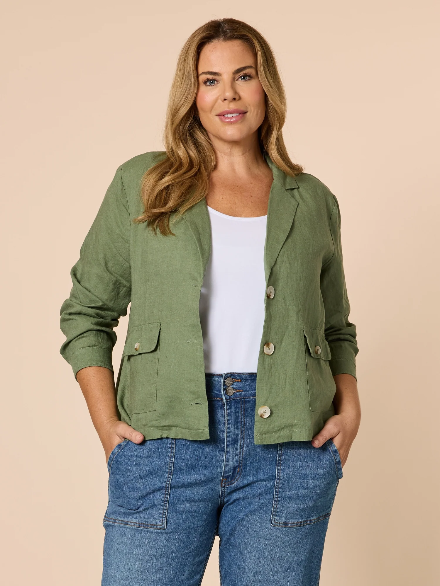 Danielle Linen Cropped Blazer - Khaki