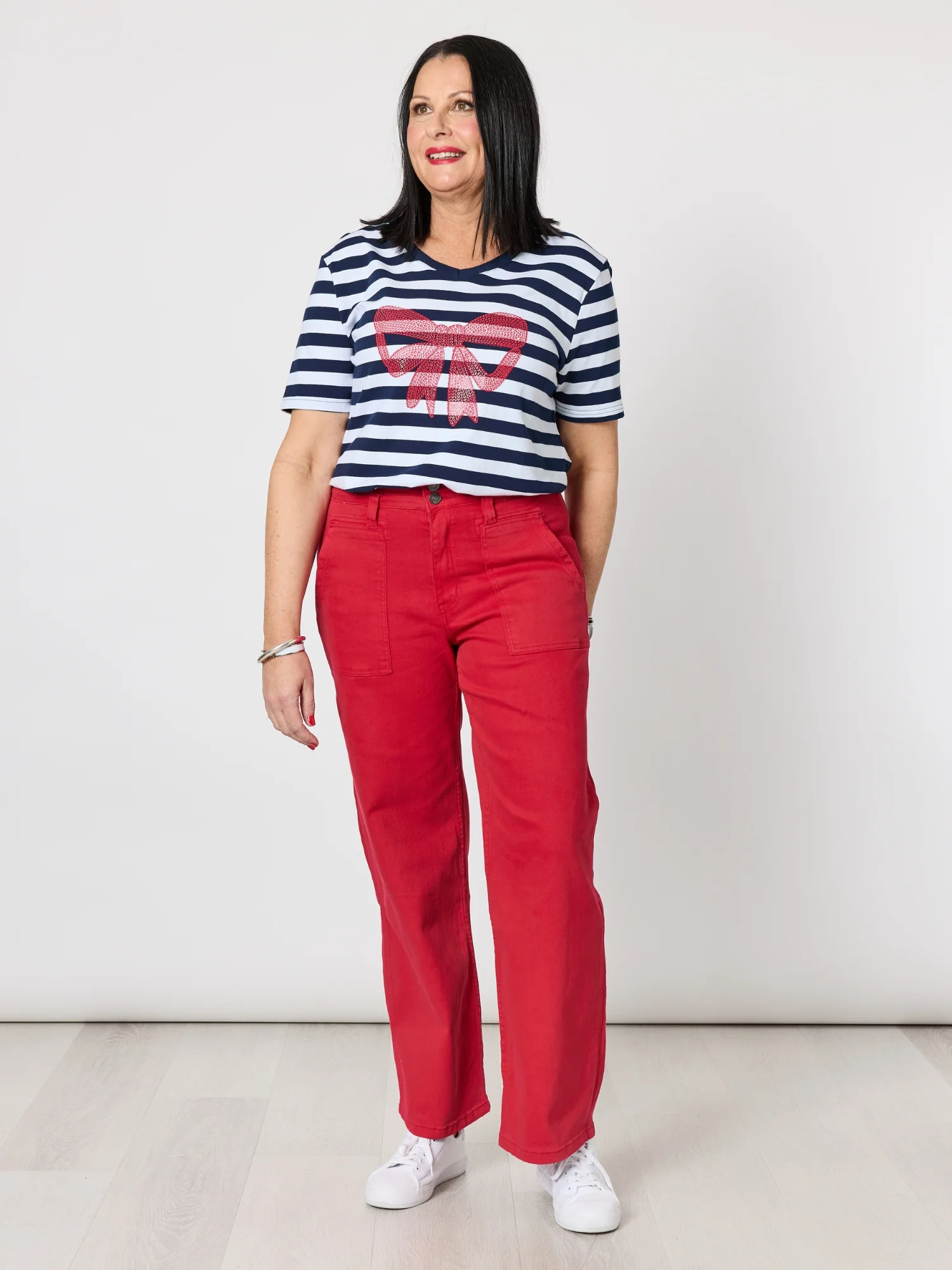 Red Bow Stripe Print Tee - Navy/White