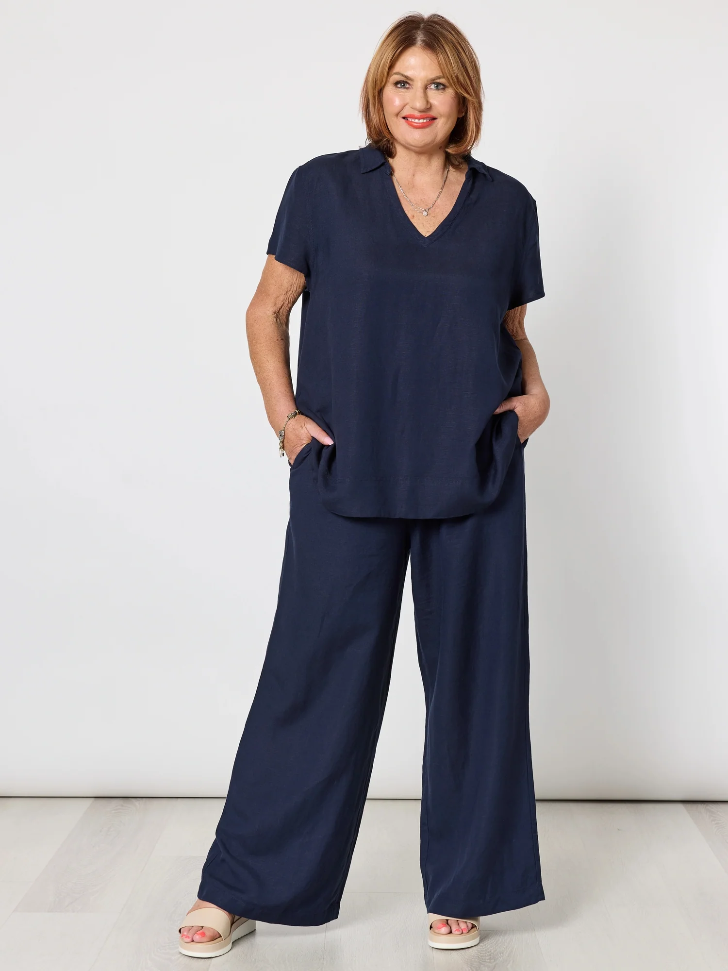 Lino Wide Leg Pant - Navy