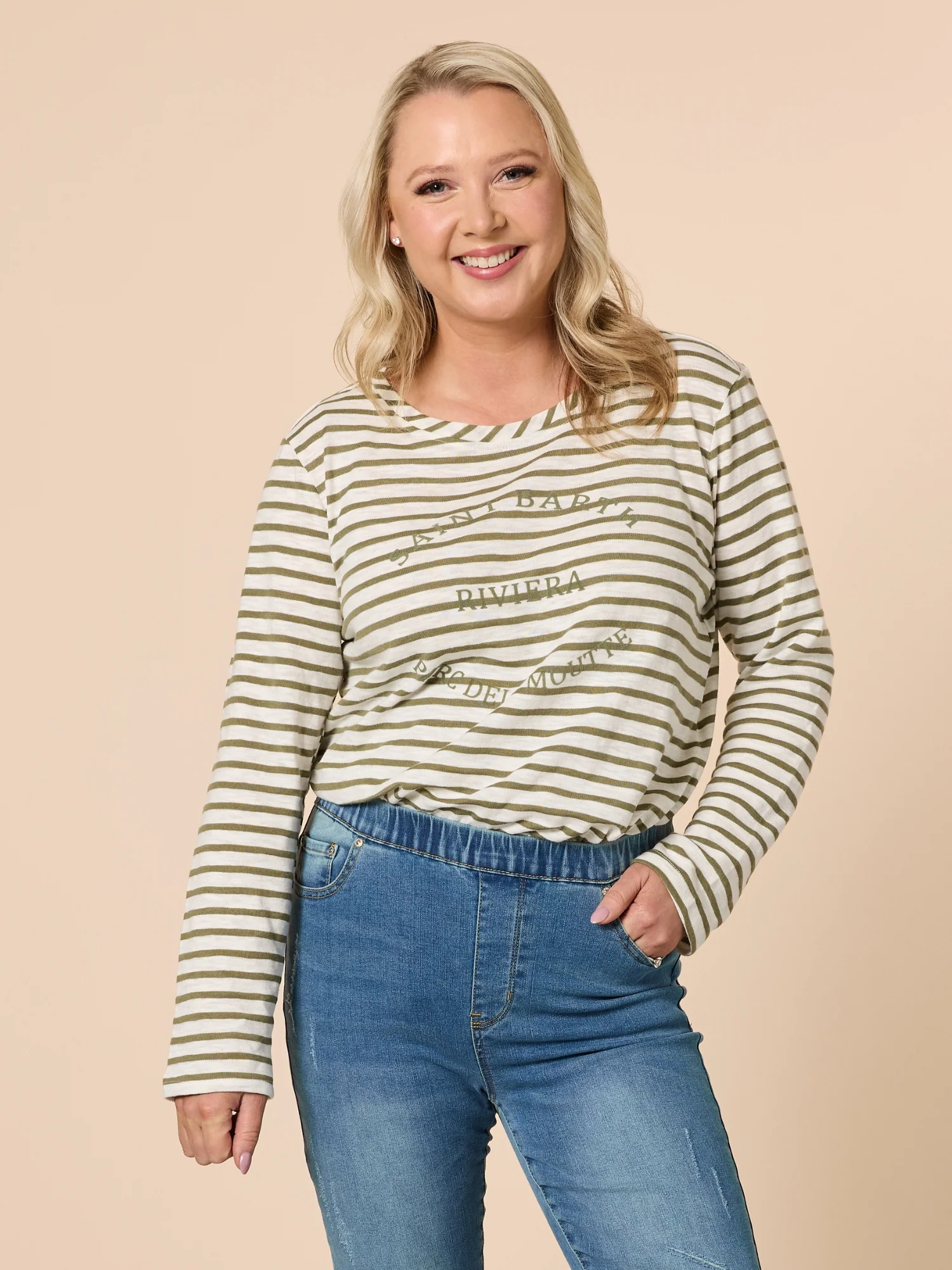 Riviera Stripe Print Long Sleeve Tee - Khaki/White