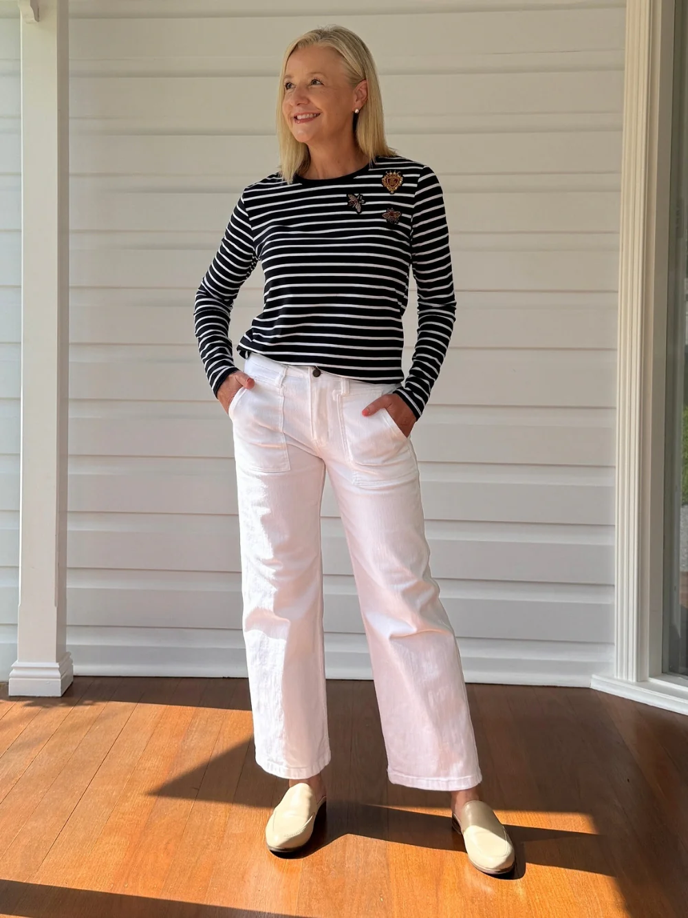 Badge Detail Stripe Long Sleeve Tee - Navy/White