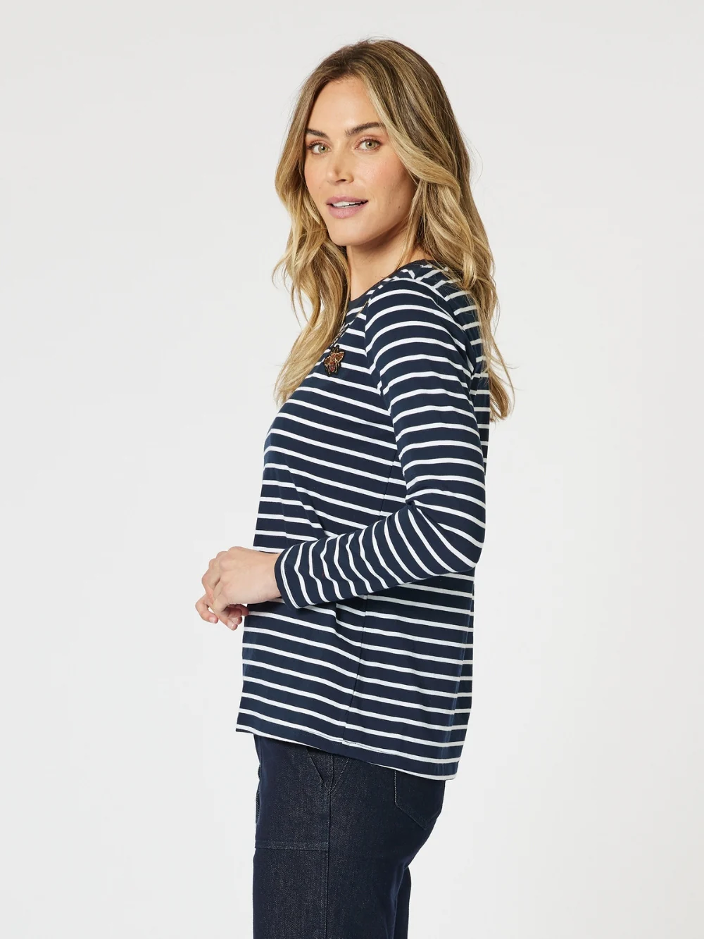 Badge Detail Stripe Long Sleeve Tee - Navy/White
