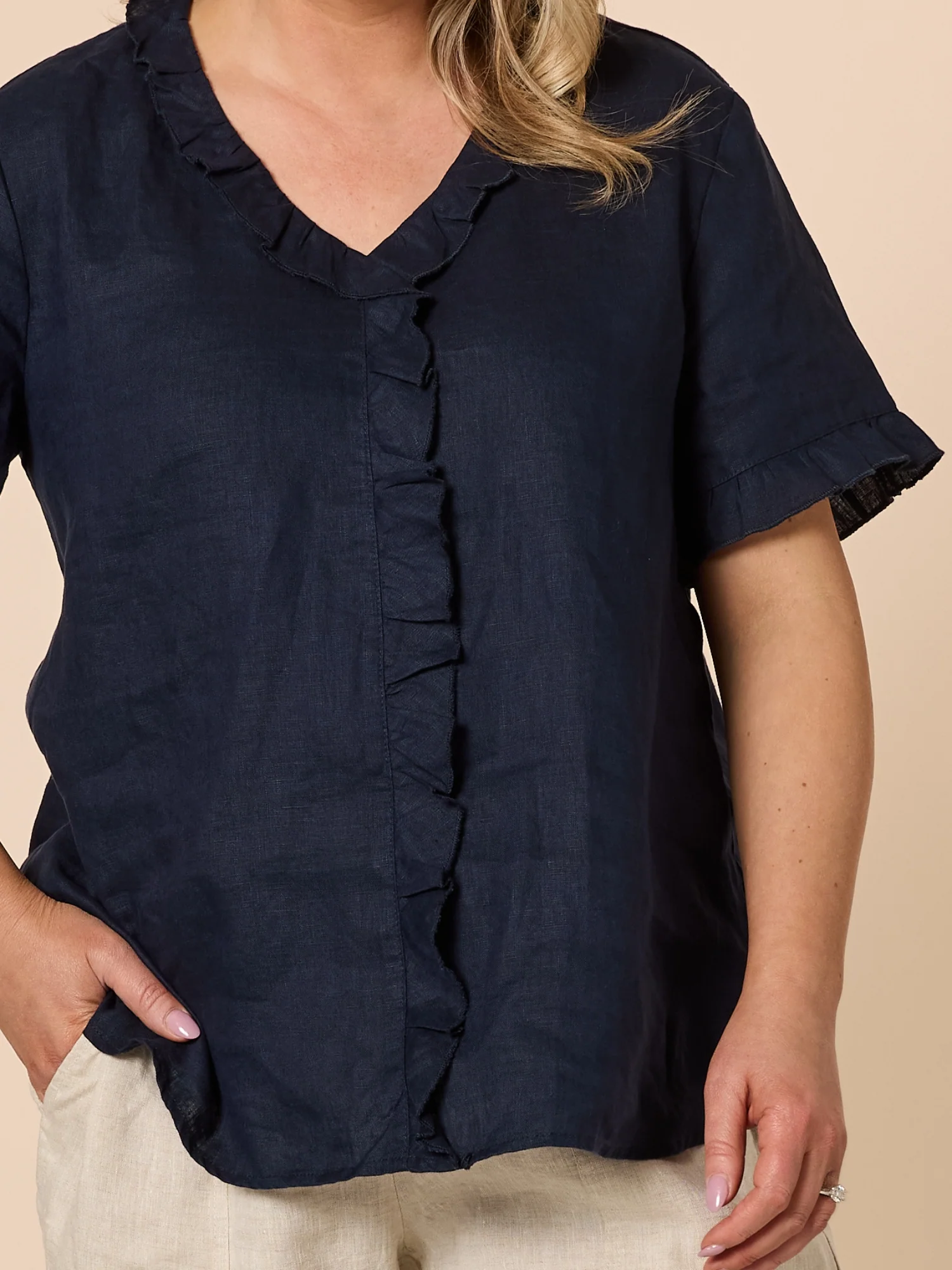 Tiffany Ruffle Linen Top - Navy