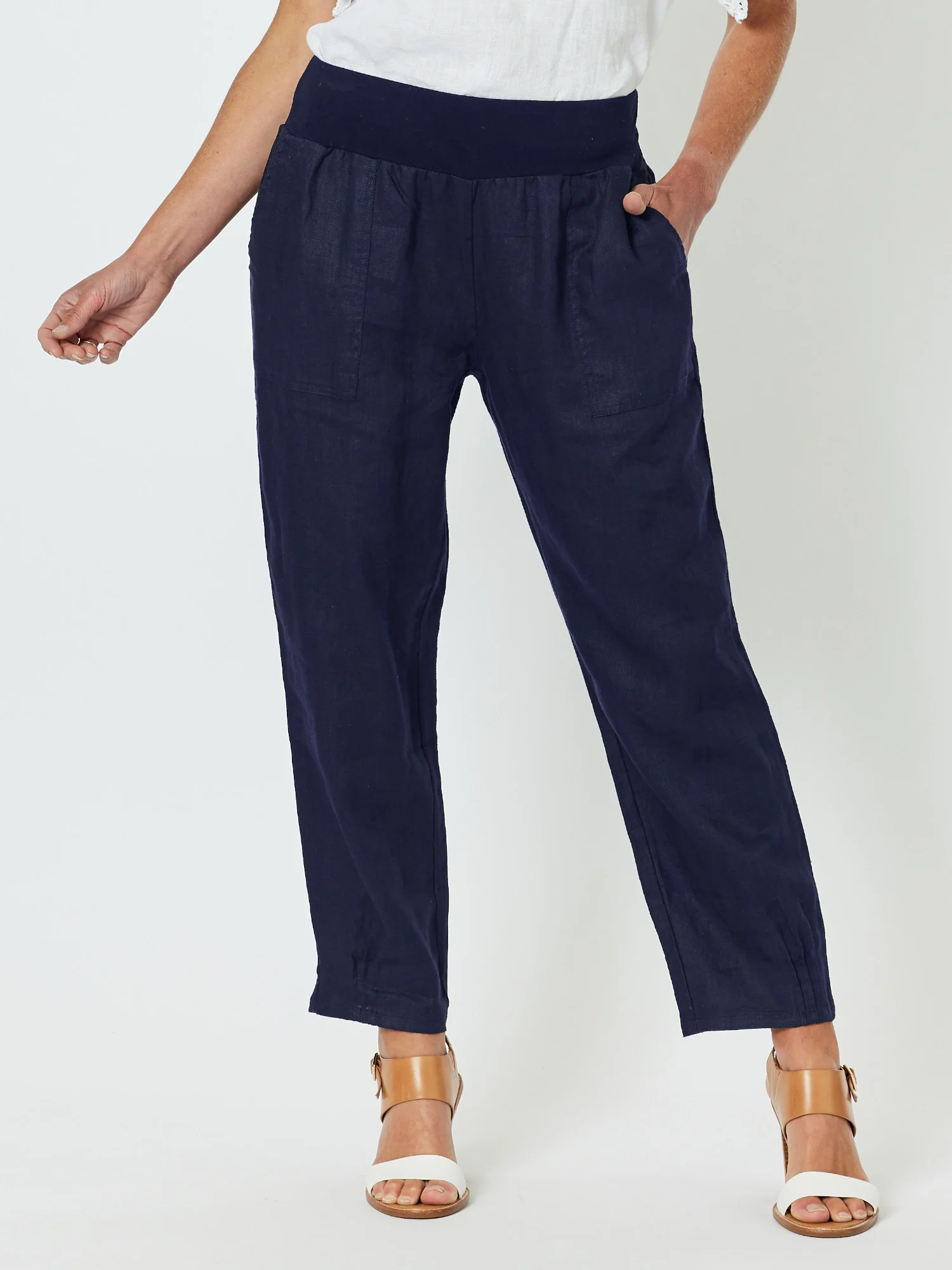 Sarah Linen Pleat Hem Pant - Navy