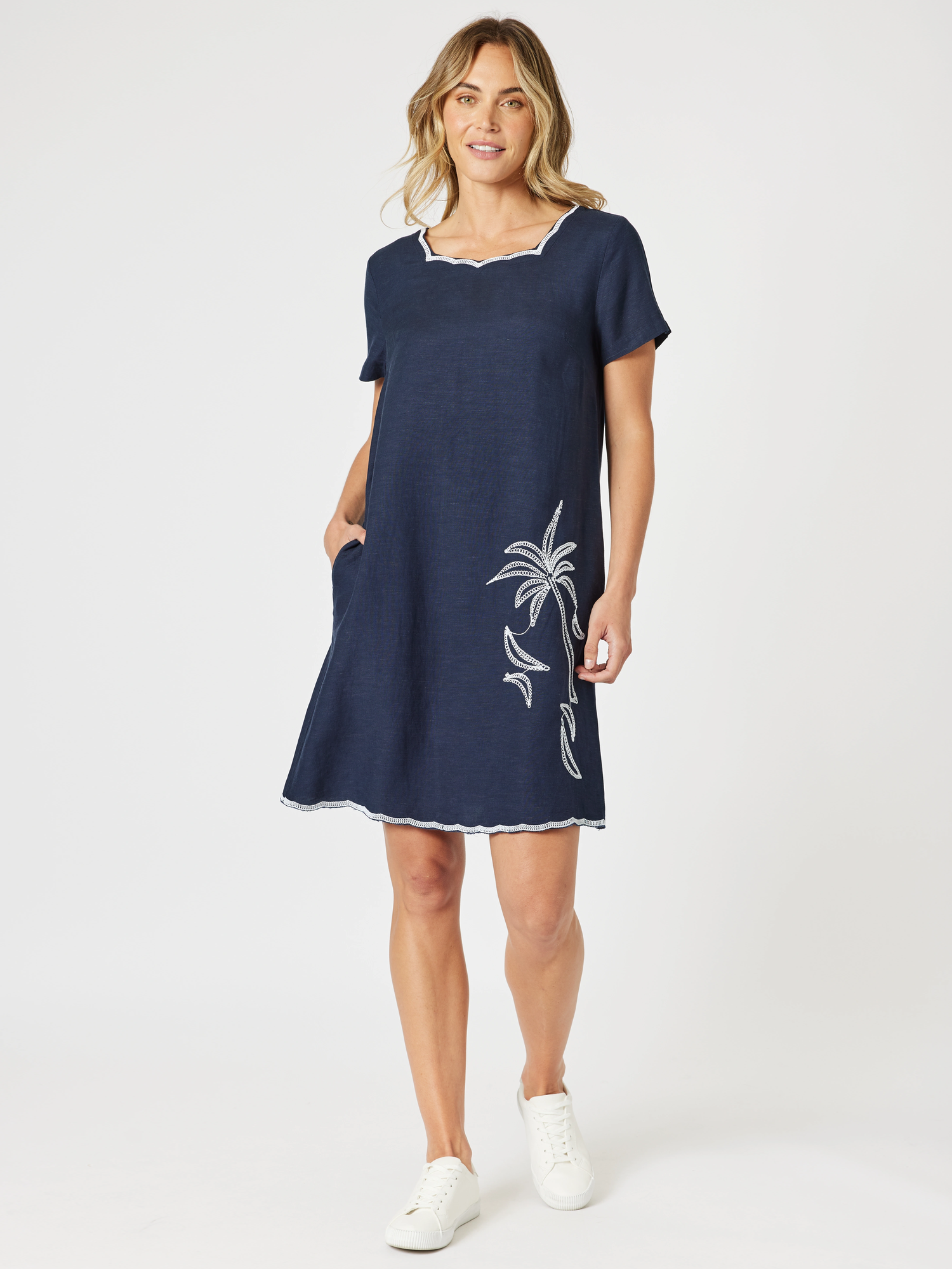 Palm Embroidered Lino Shift Dress - Navy/White