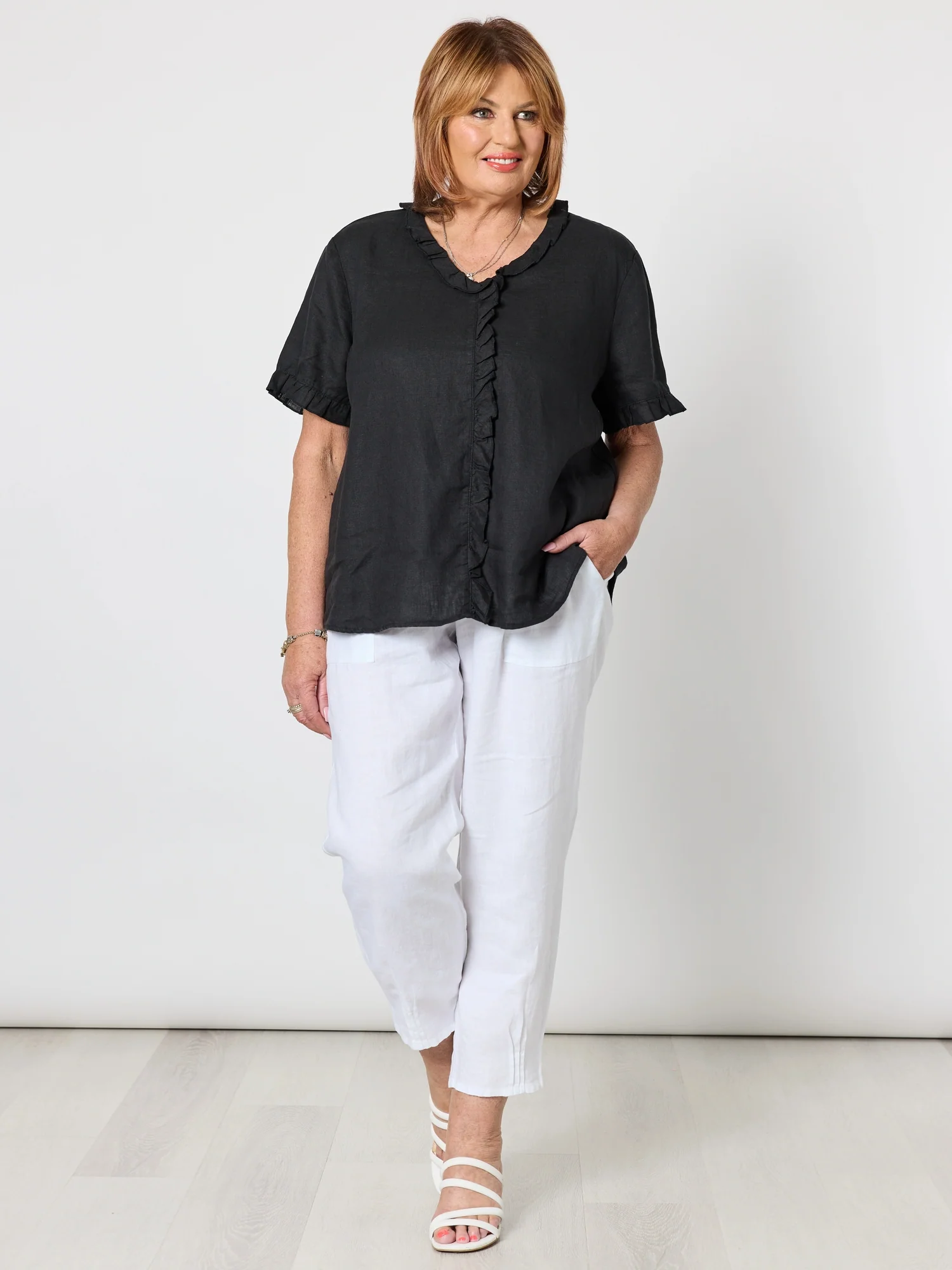 Sarah Linen Pleat Hem Pant - White