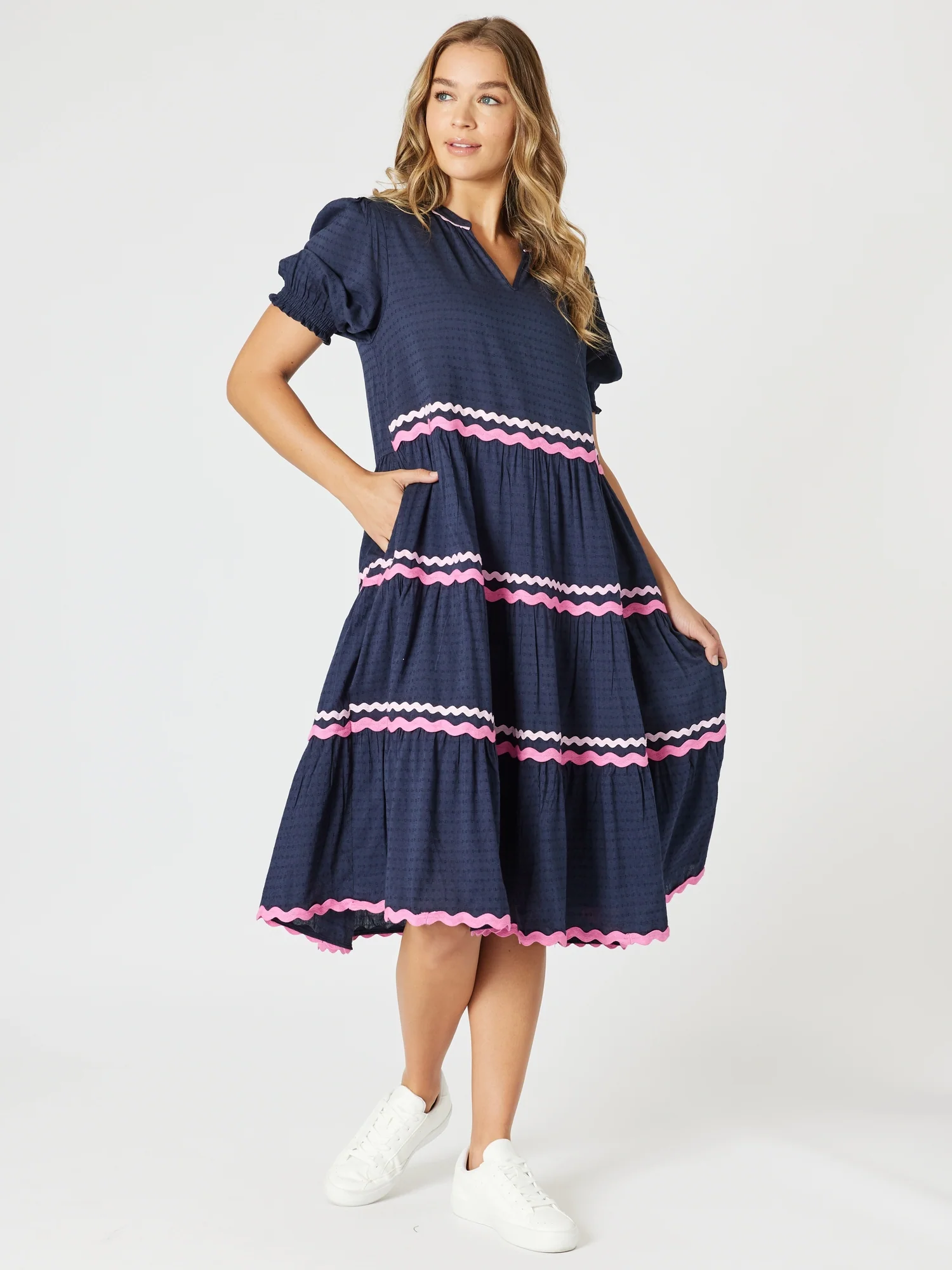 Ric Rac Tiered Dress - Navy