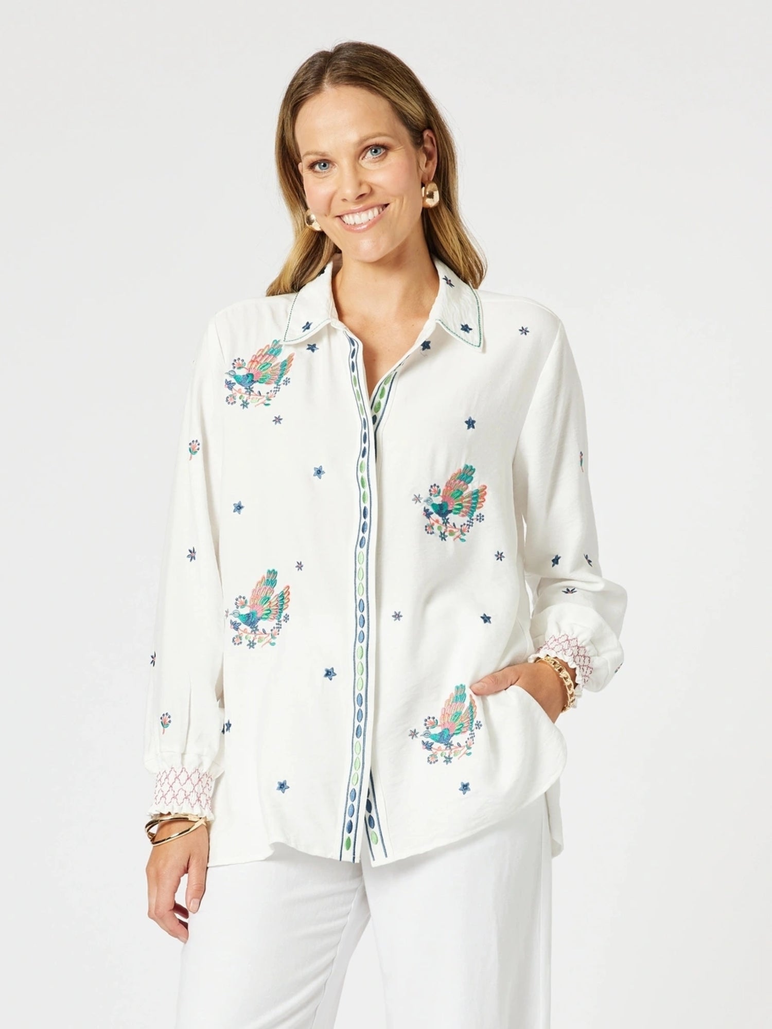 Peacock Embroidered Shirt - White Multi