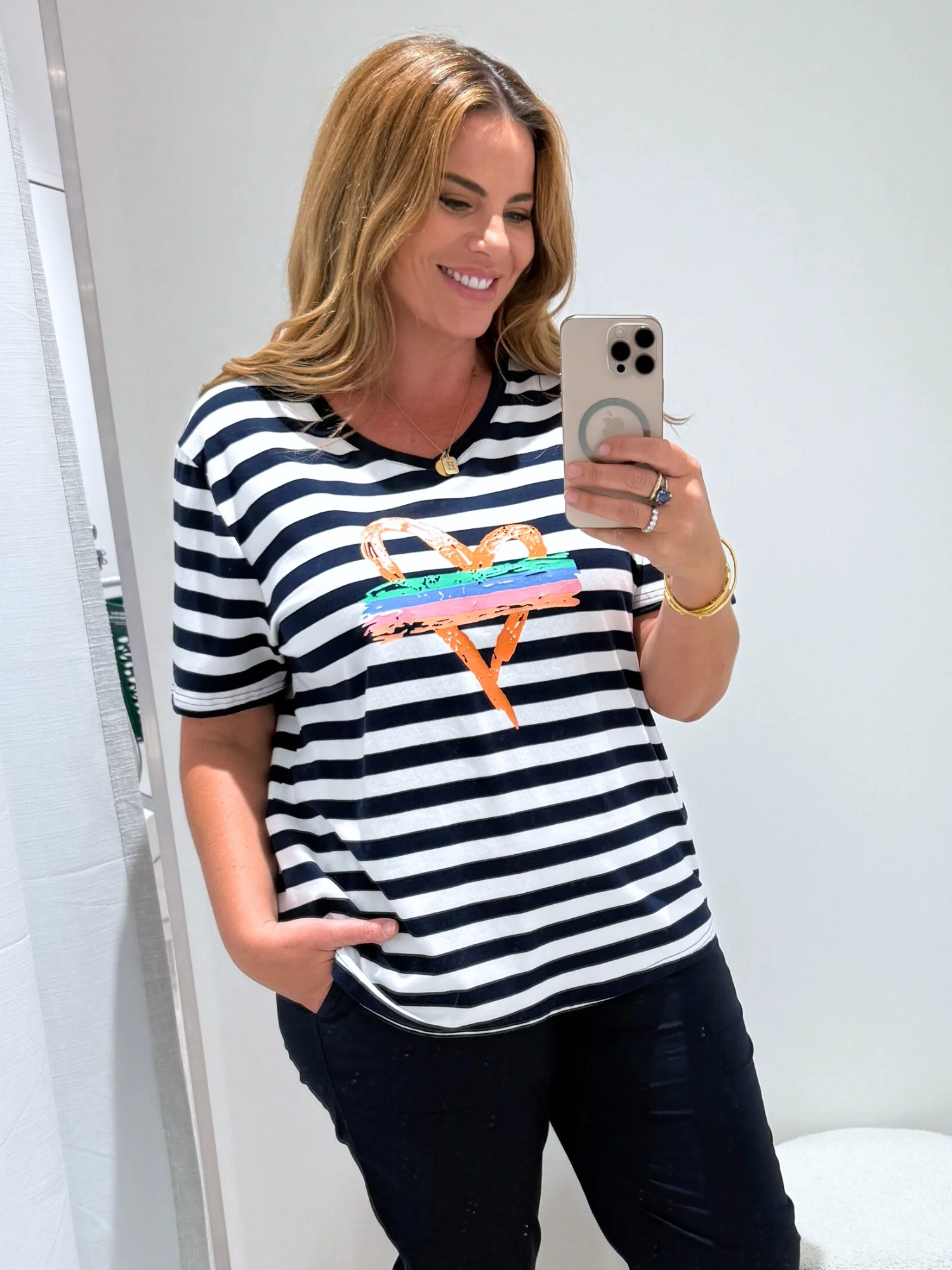 Heart Stripe Print T-shirt - Orange