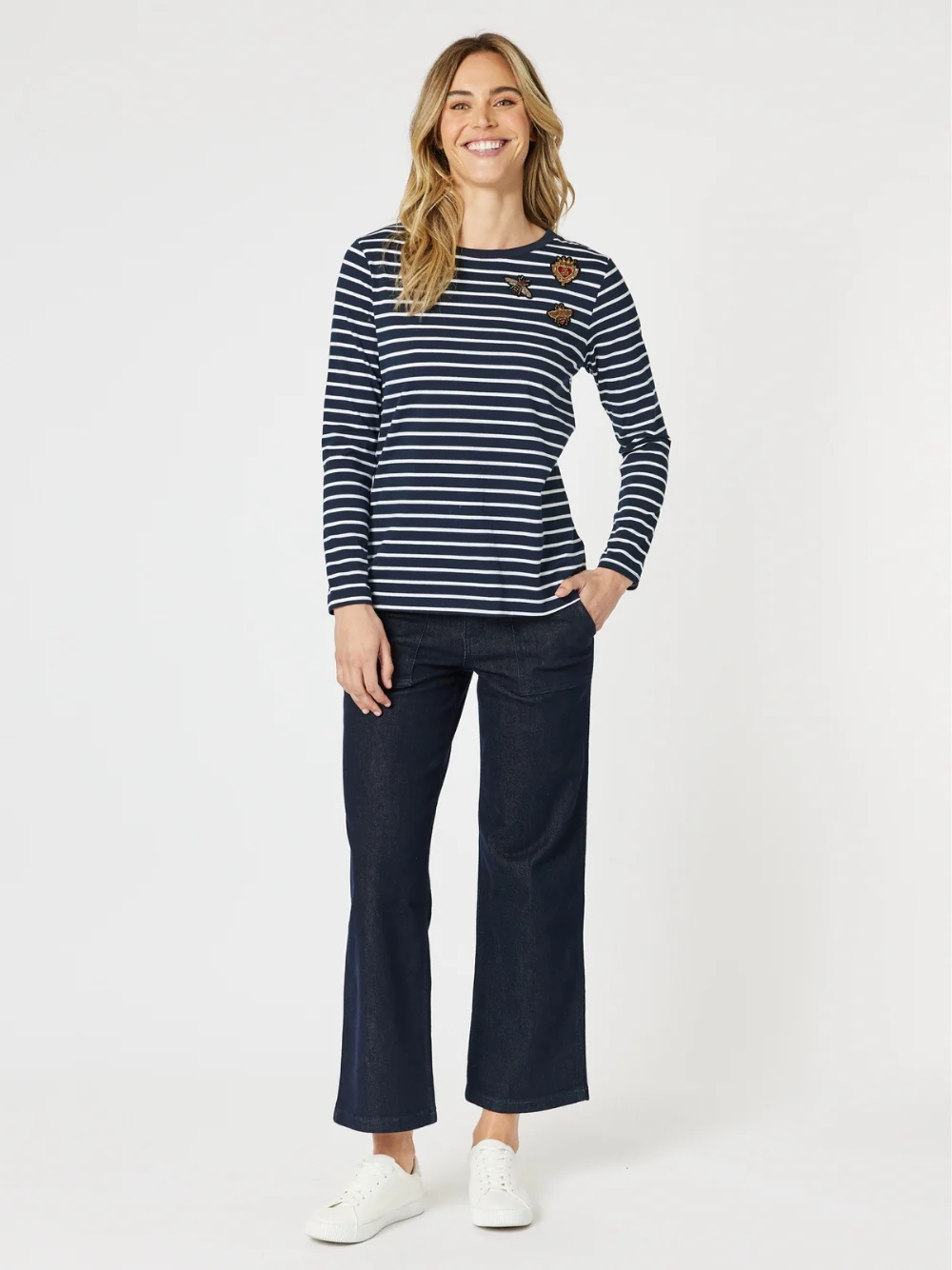 Badge Detail Stripe Long Sleeve Tee - Navy/White