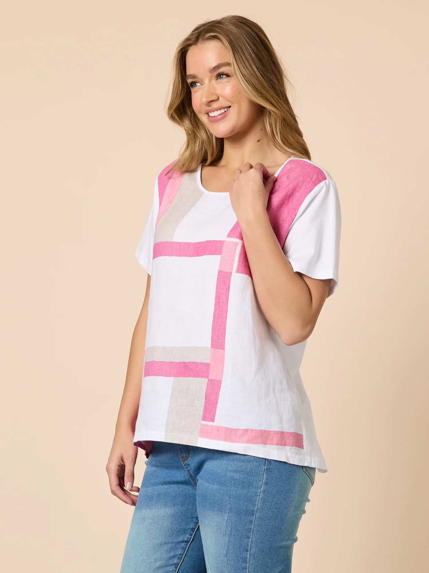 Geometric Print Top - White/Pink