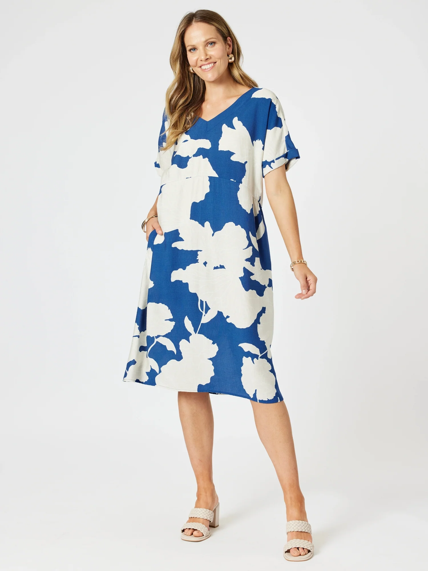 Barcelona V Neck Floral Print Dress - Blue/Natural