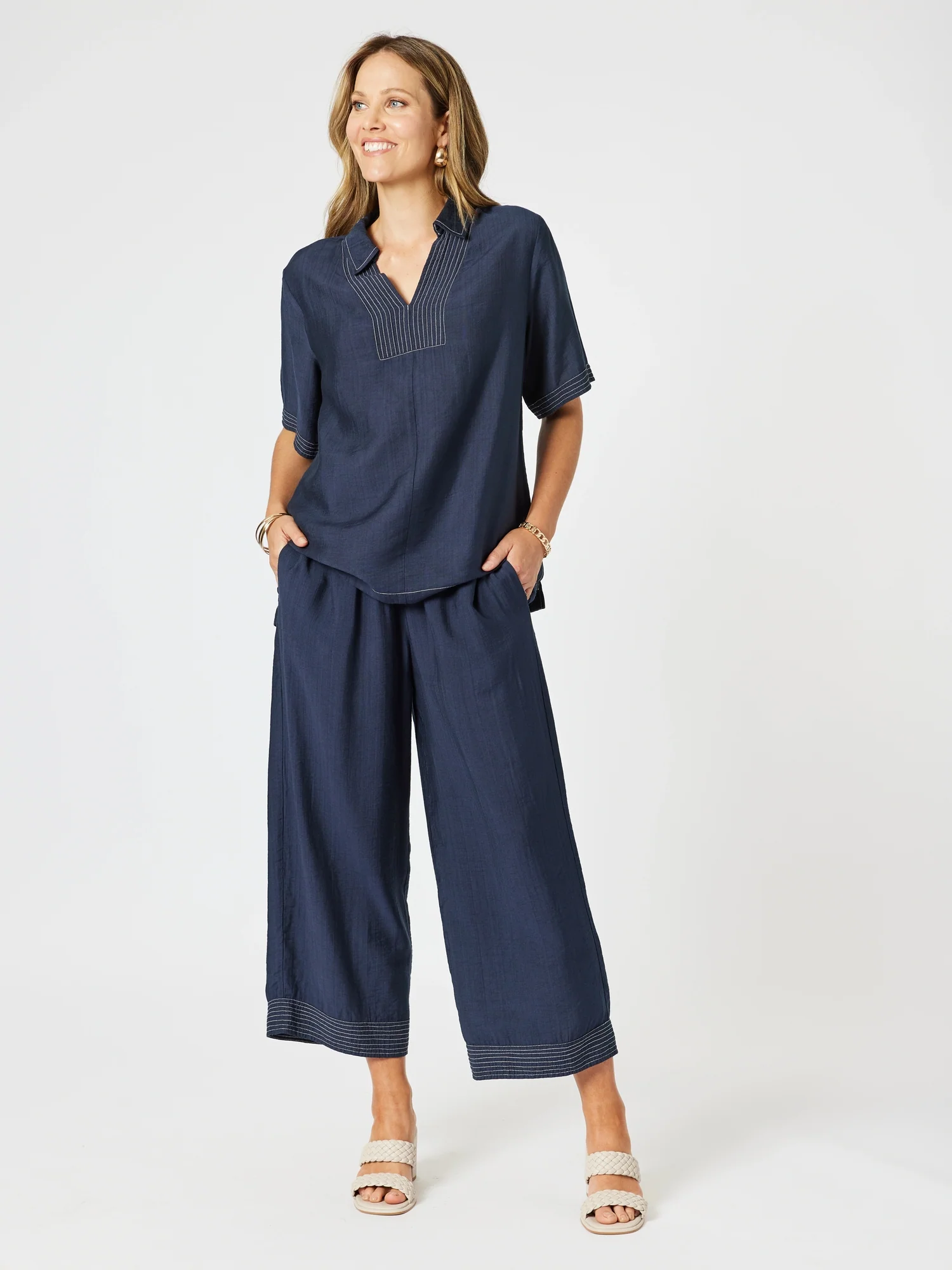 Top Stitch Detail Pant - Navy