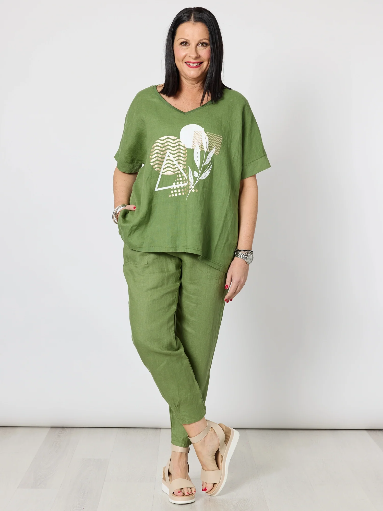 Sarah Linen Pleat Hem Pant - Basil