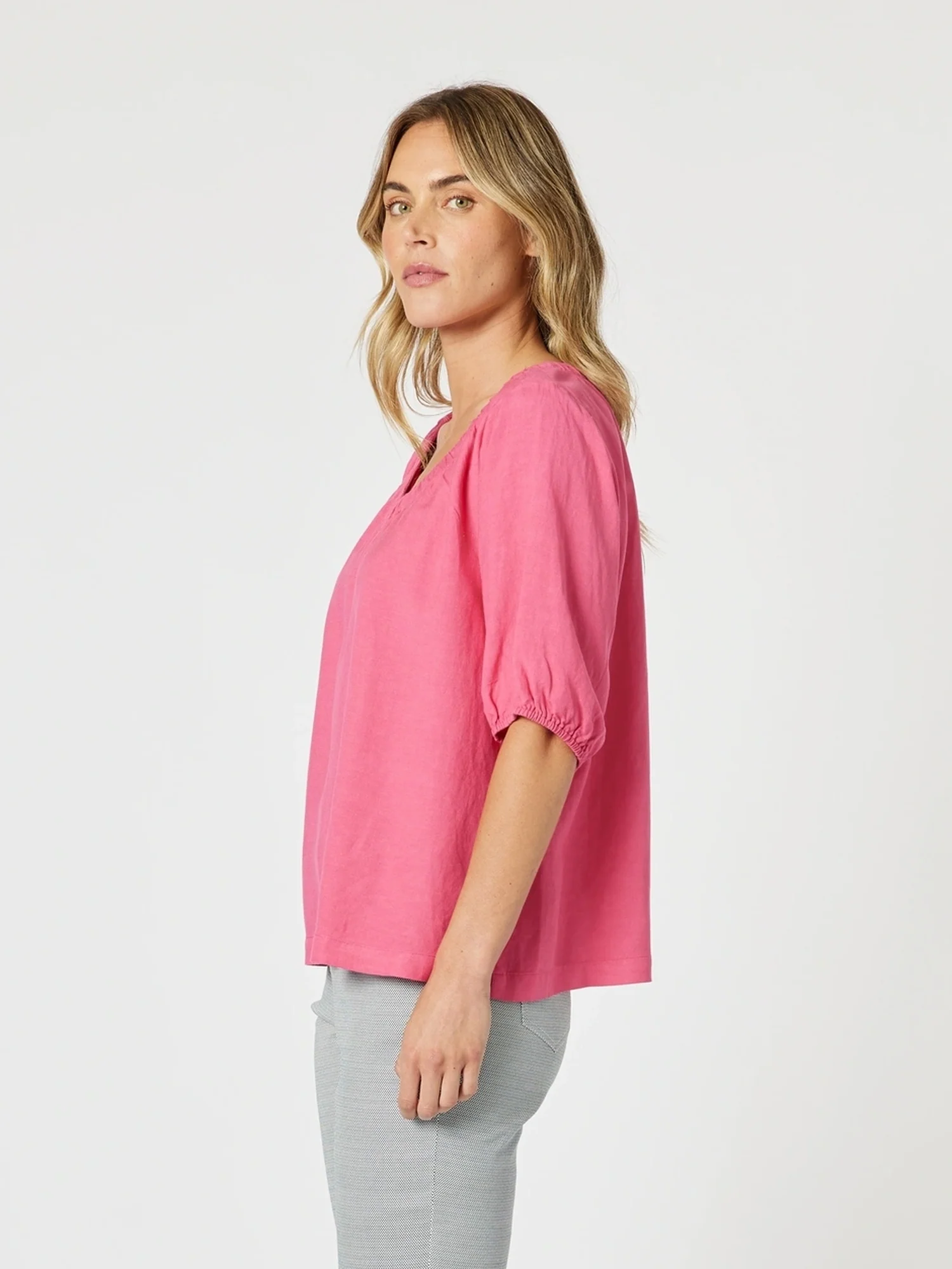 Lino V Neck Top - Peony