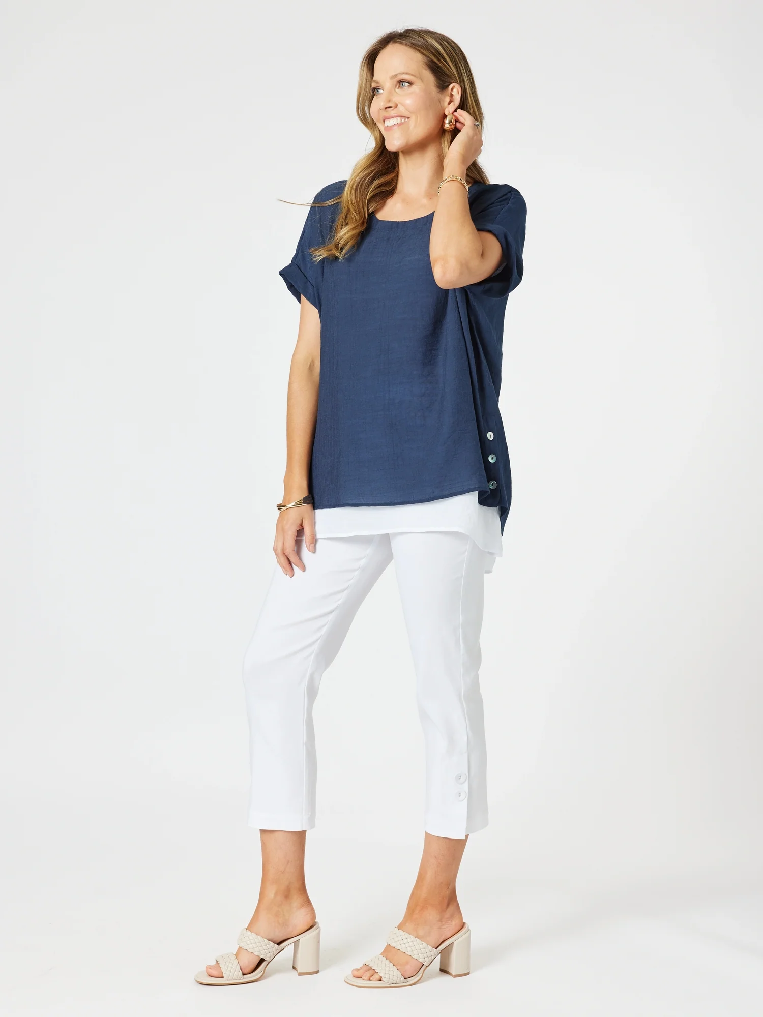 Palma Side Button 2 in 1 Look Top - Navy/White