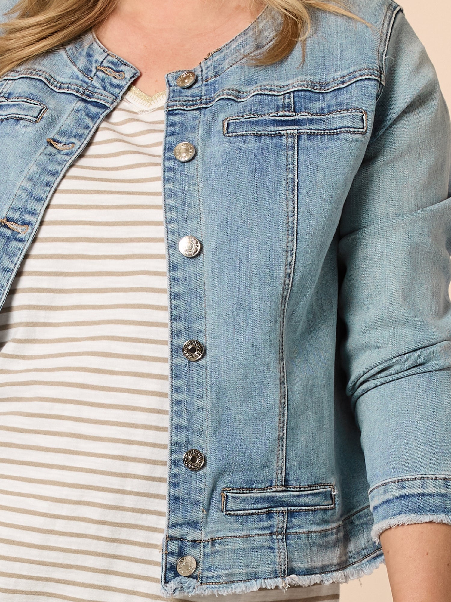 Collarless Denim Jacket - Denim