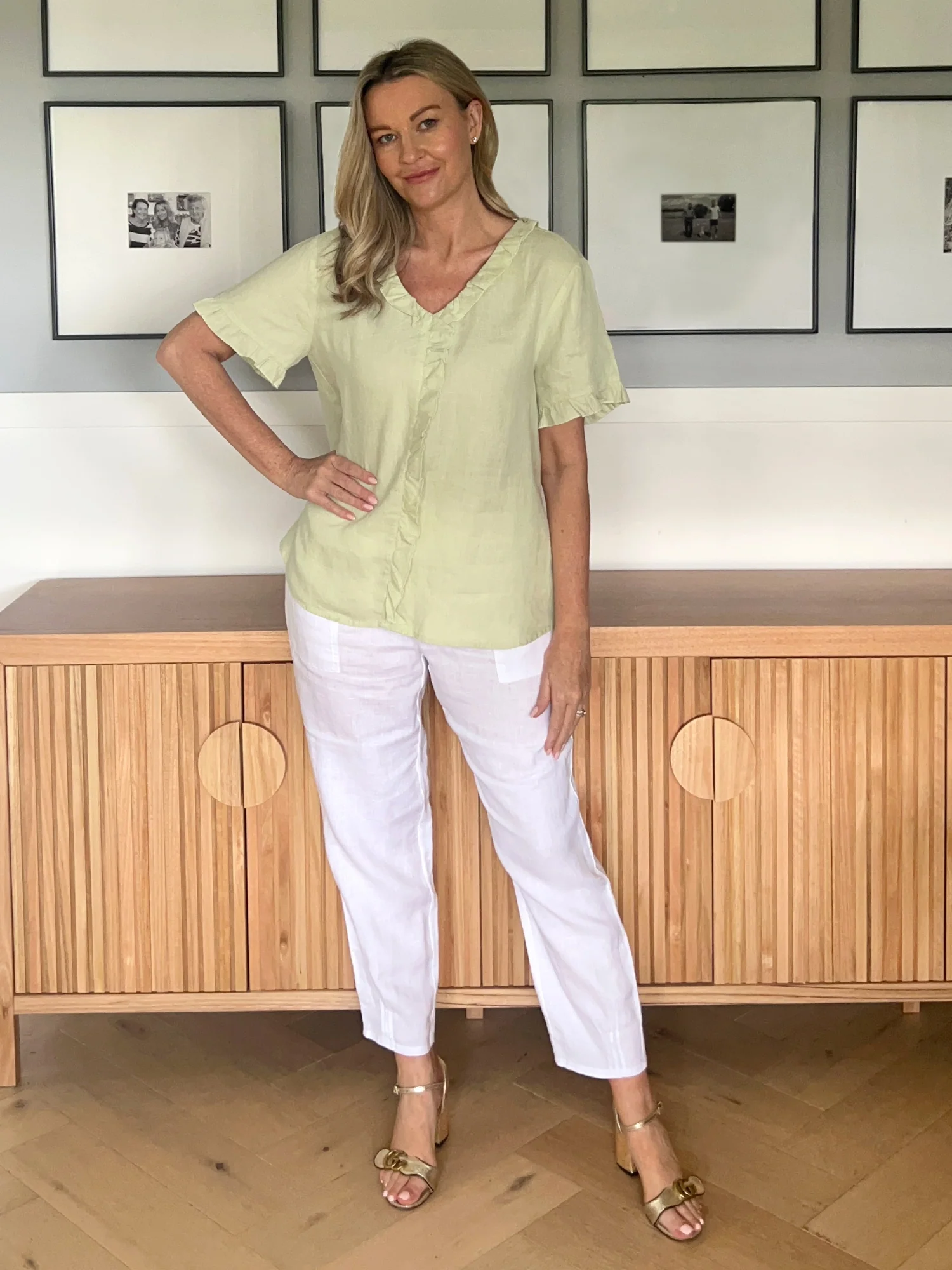 Tiffany Ruffle Linen Top - Celery