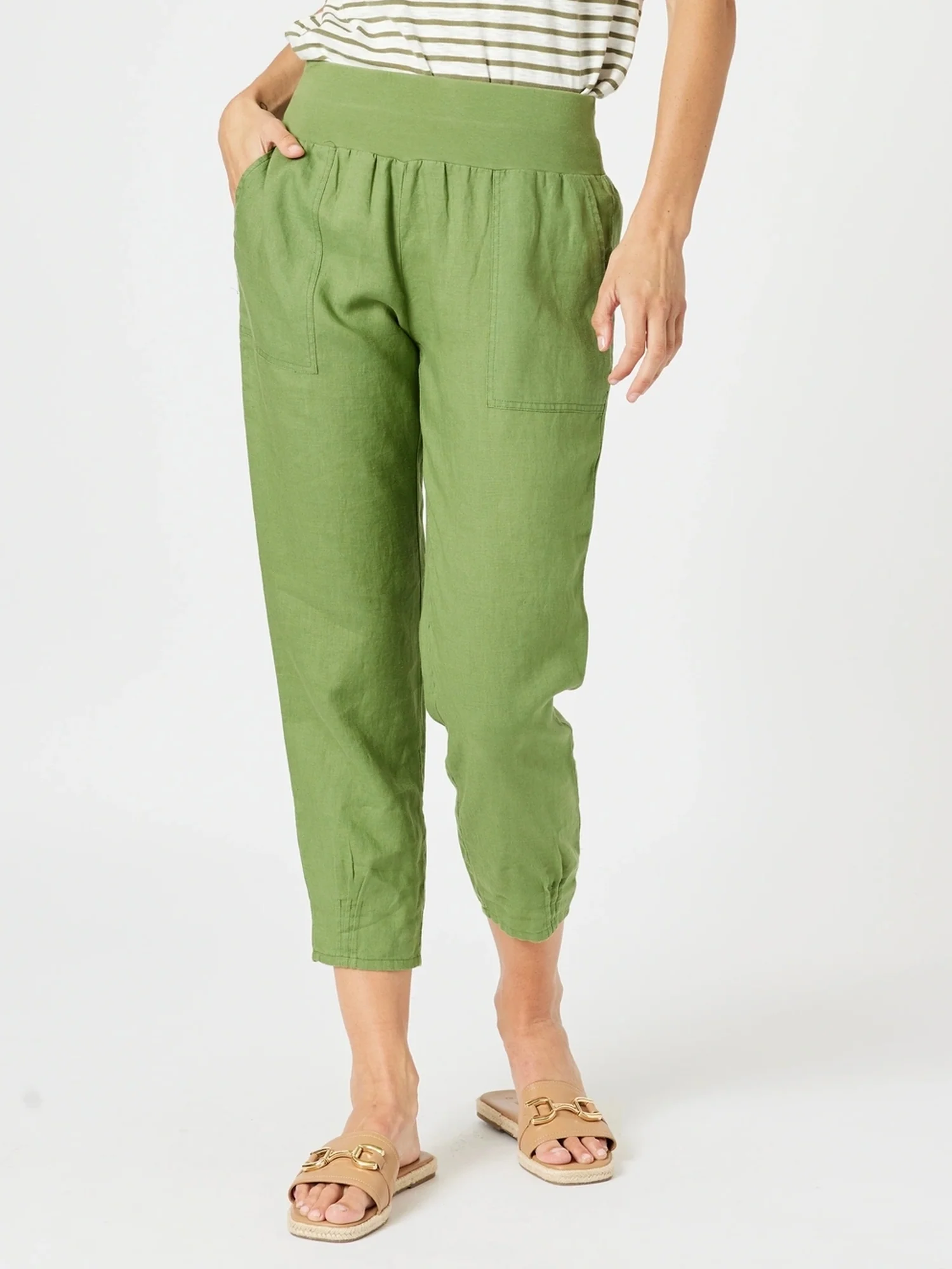 Sarah Linen Pleat Hem Pant - Basil