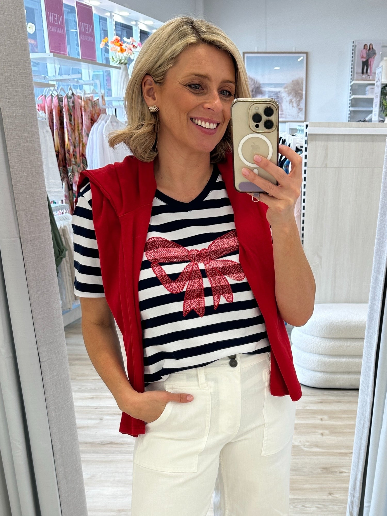 Red Bow Stripe Print Tee - Navy/White