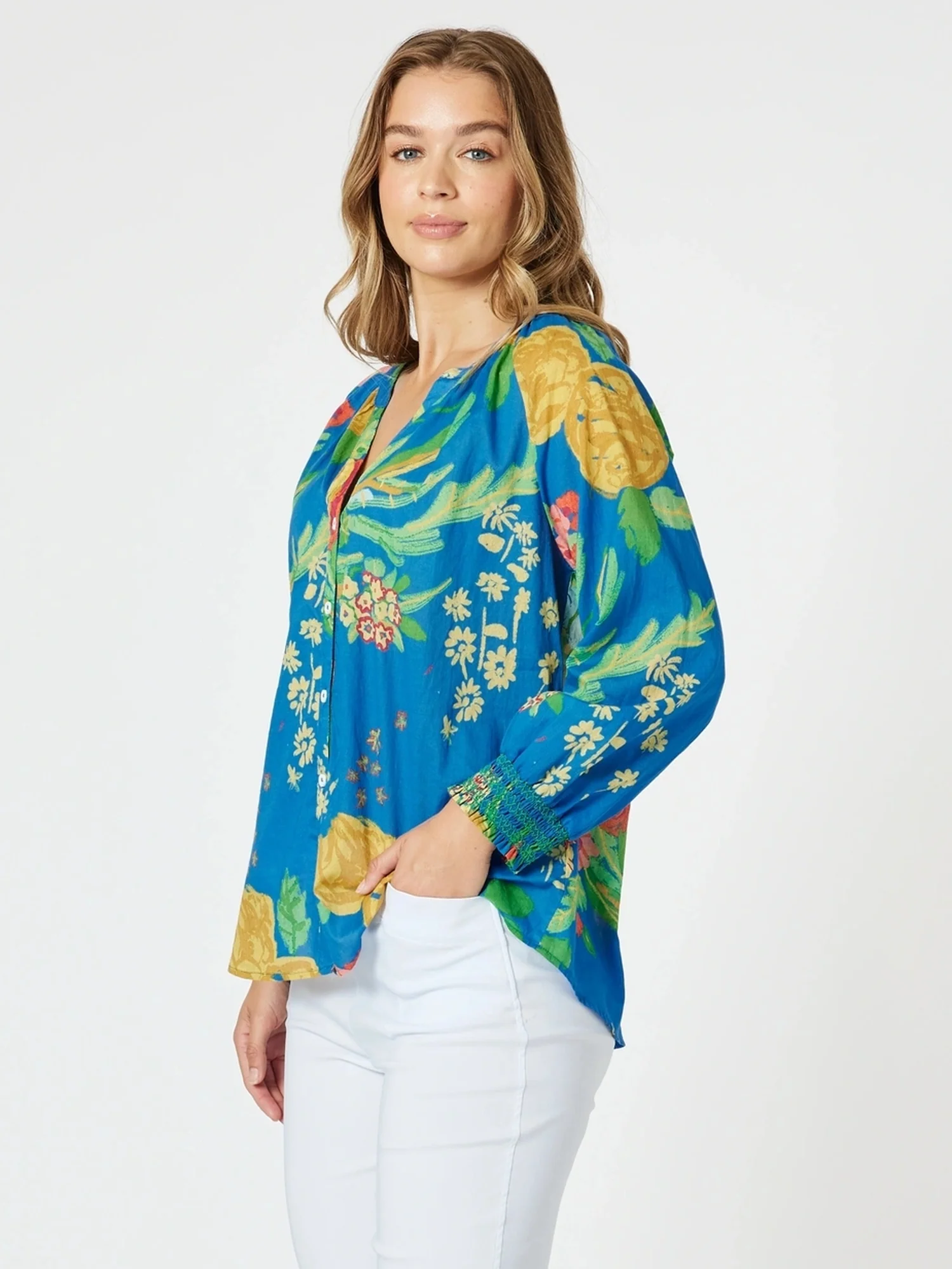 Tropics Floral Print Sheer Top - Blue/Multi