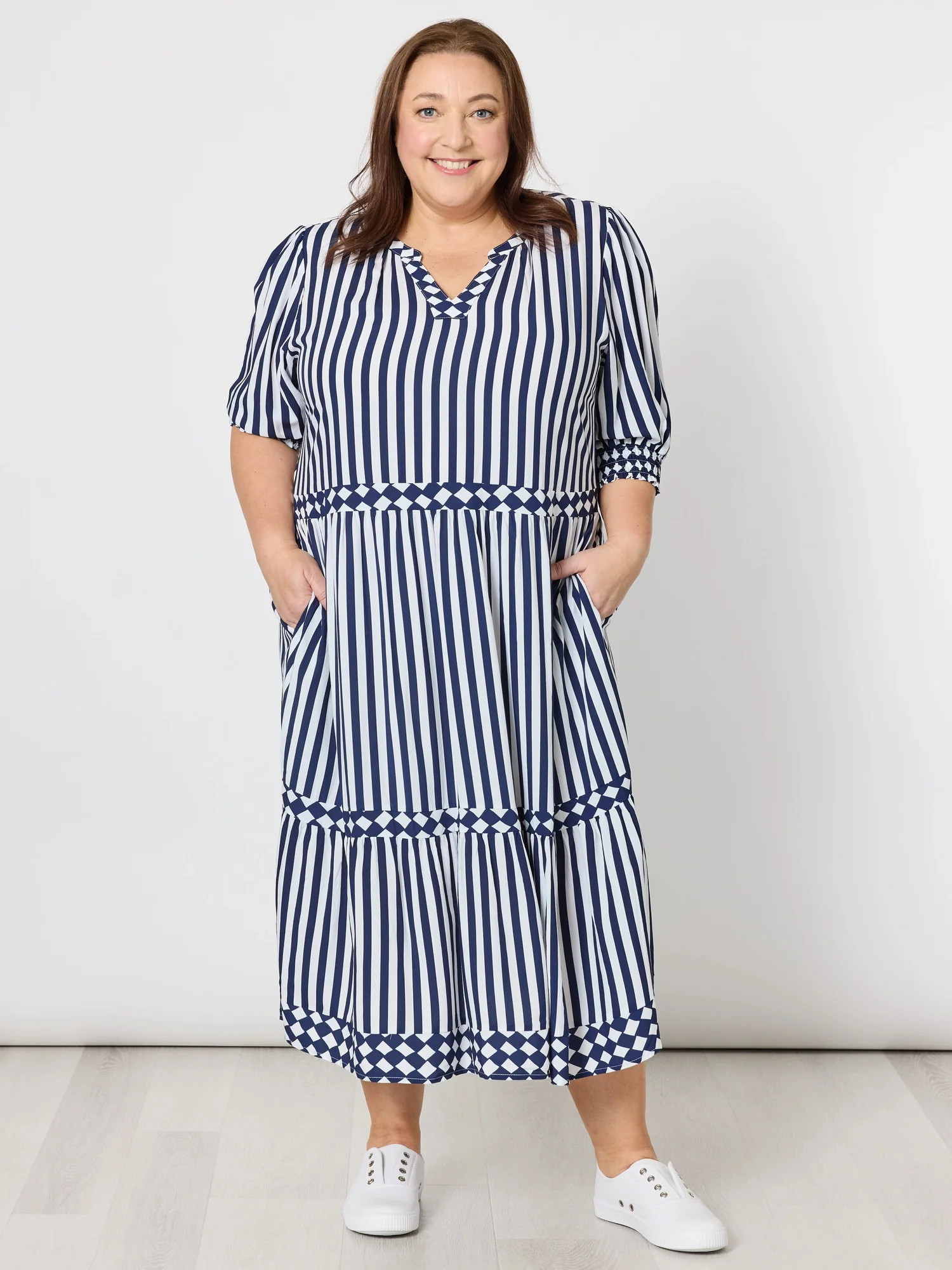 Harlequin Stripe Tier Dress - Navy/White