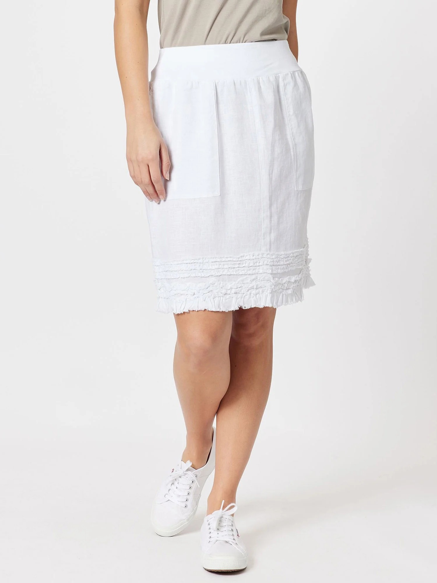 Mimi Linen Ruffle Hem Skirt - White
