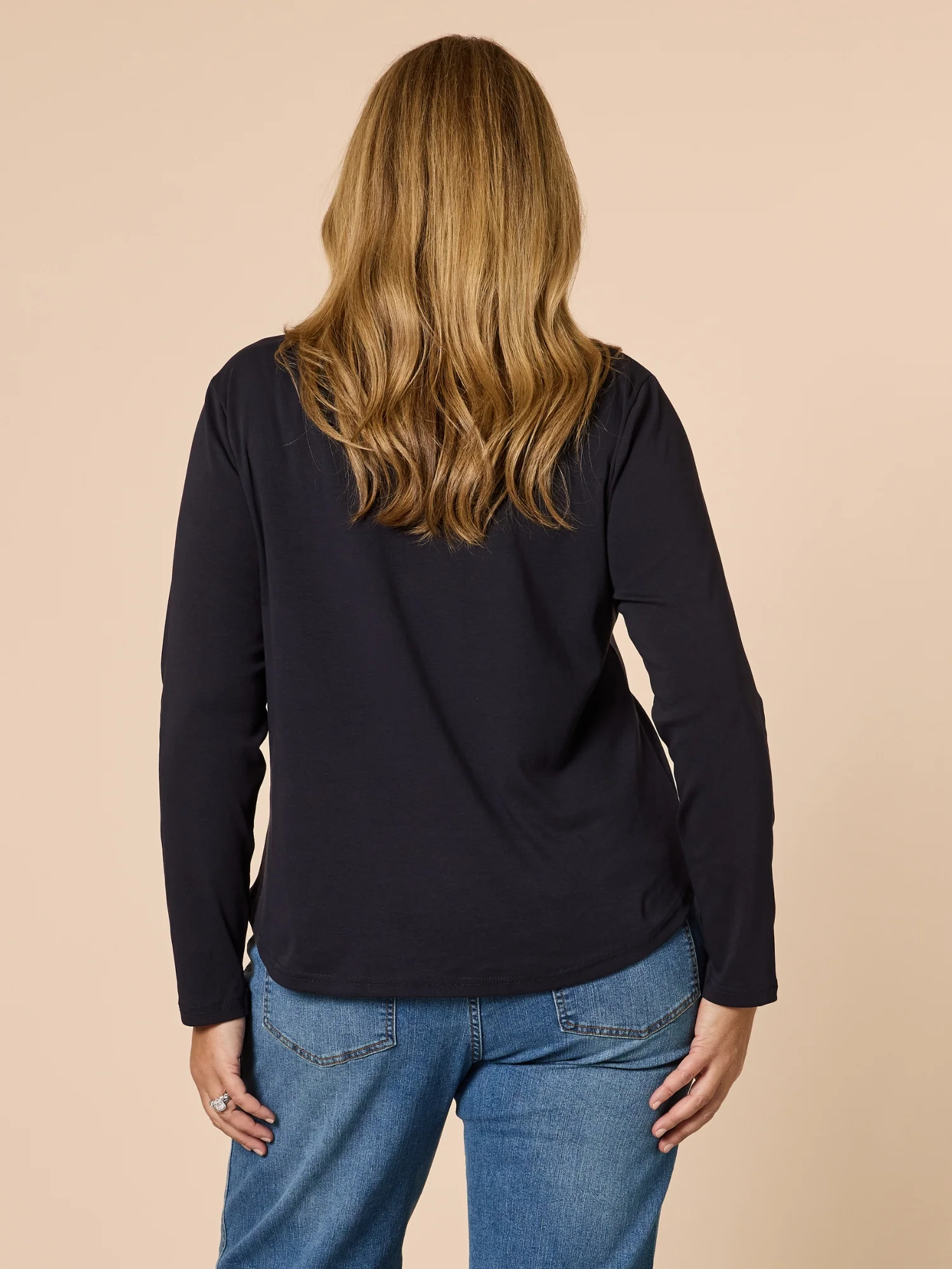 Crew Neck Cotton Rib Long Sleeve Top - Navy