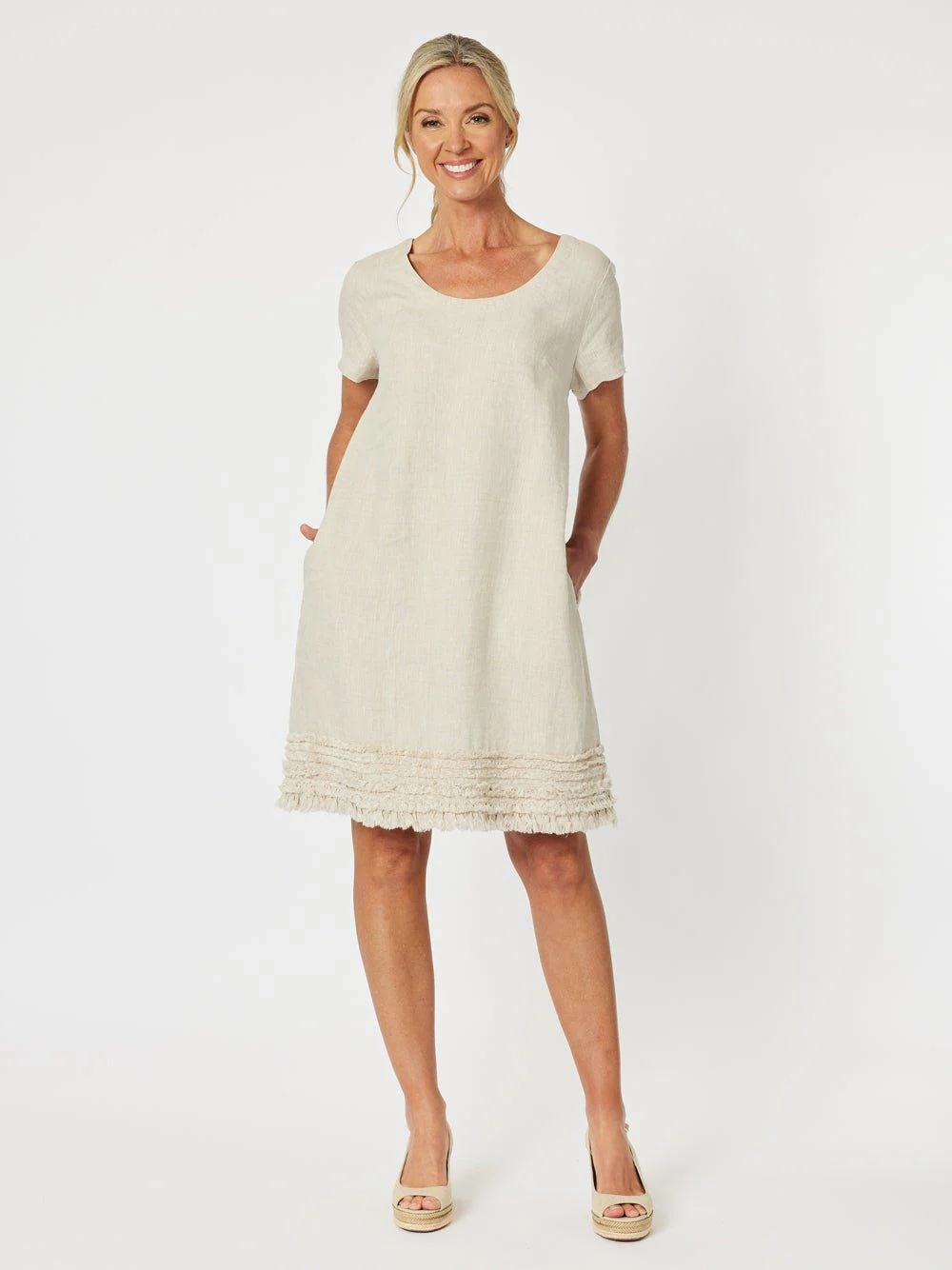 Ruffle Hem Scoop Neck Linen Dress - Natural