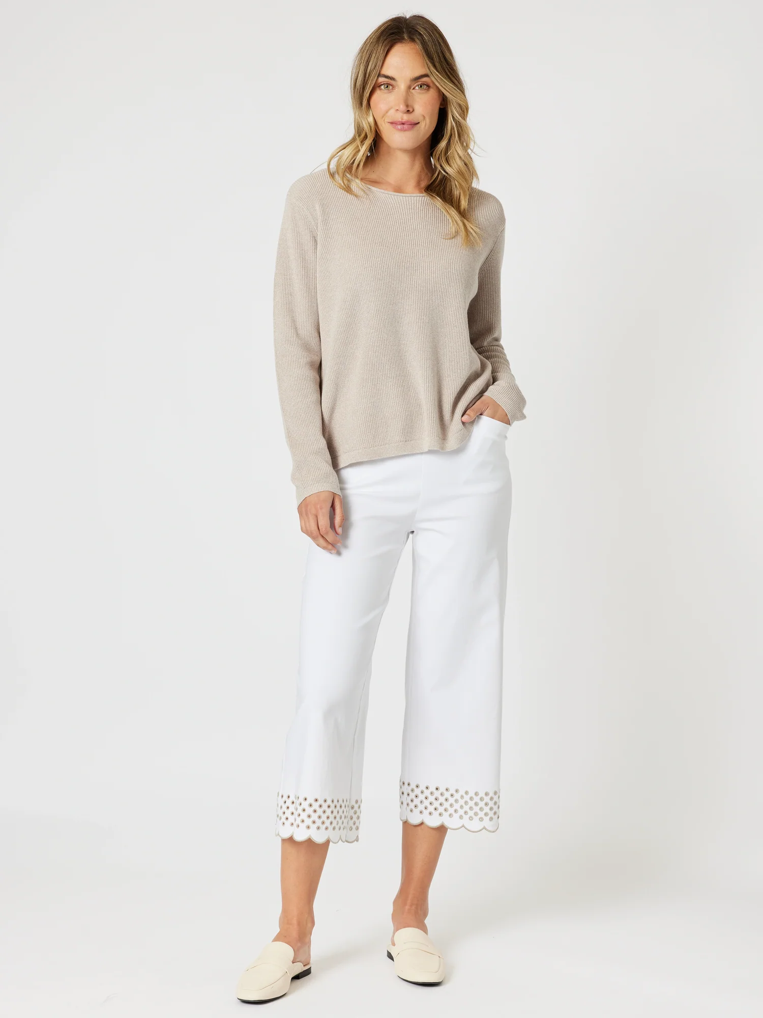 Scallop Hem Pant - White/Natural